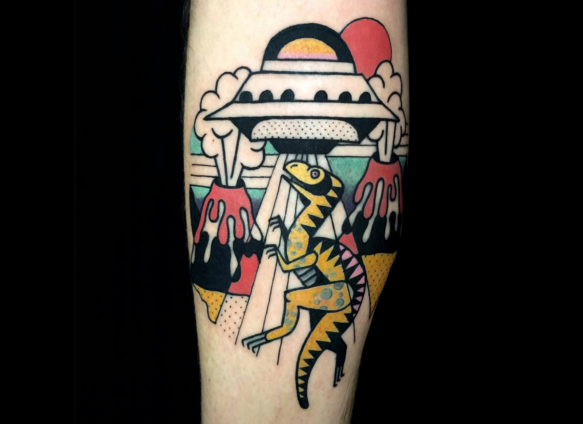 dinosaur and alien spaceship, video game style, tattoo