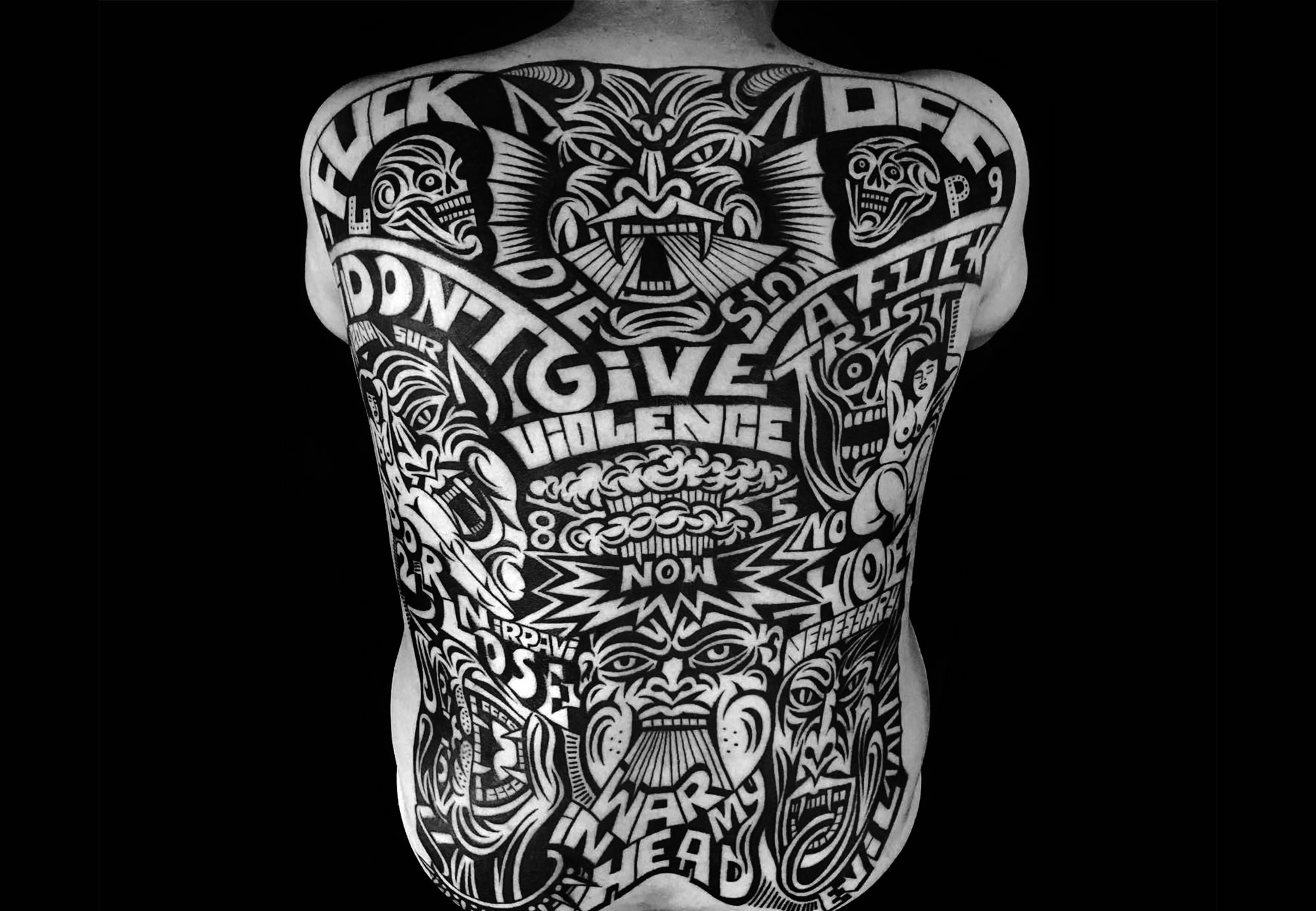 Full back text tattoo by luxiano street classic