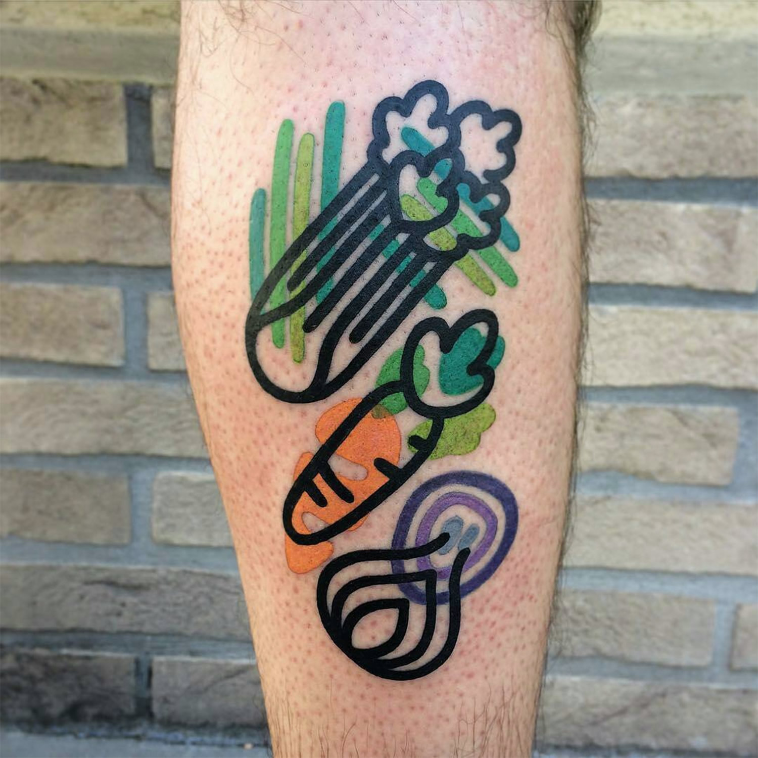 cellery, carrots, tattoo on leg