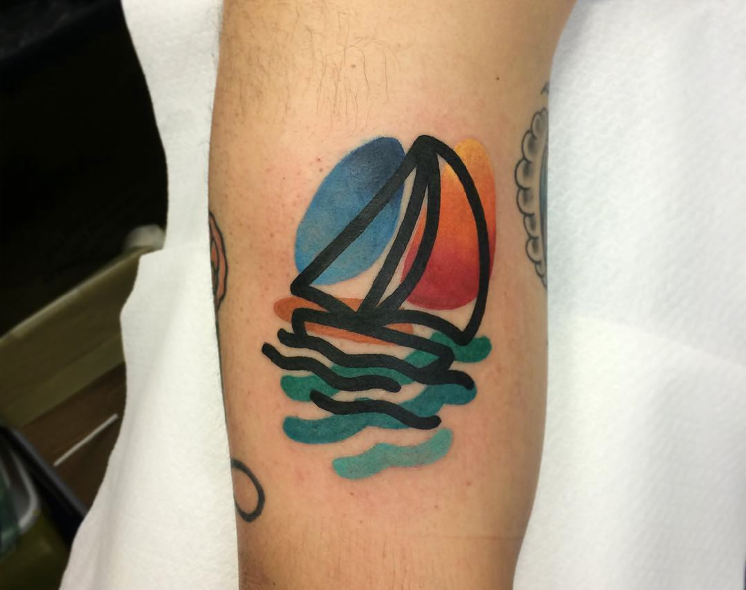sail boat tattoo, sunset colors