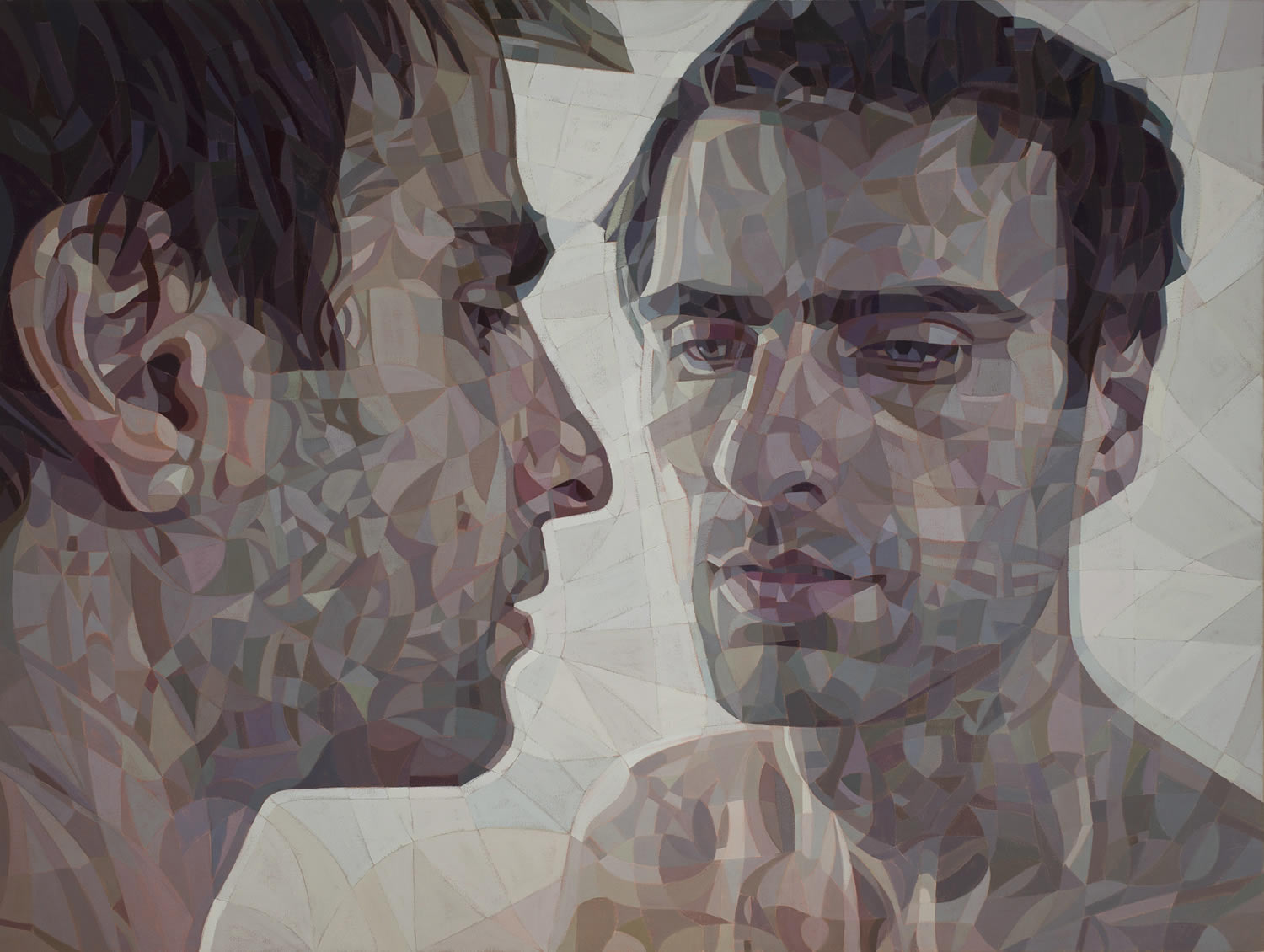 man looking in mirror, reflection painting, fragmented by Lui Ferreyra