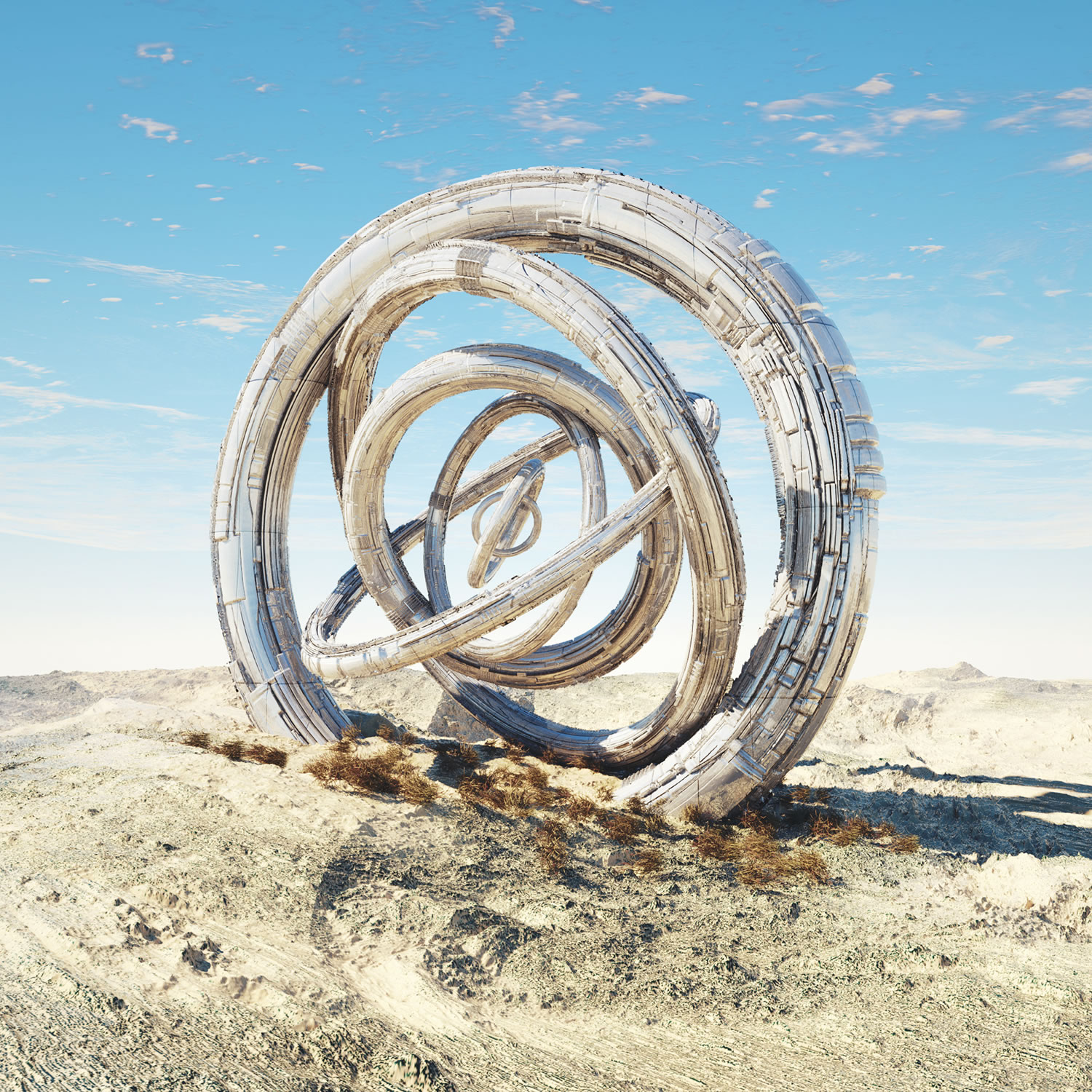 complex 3d circles over landscape, reliq, digital art