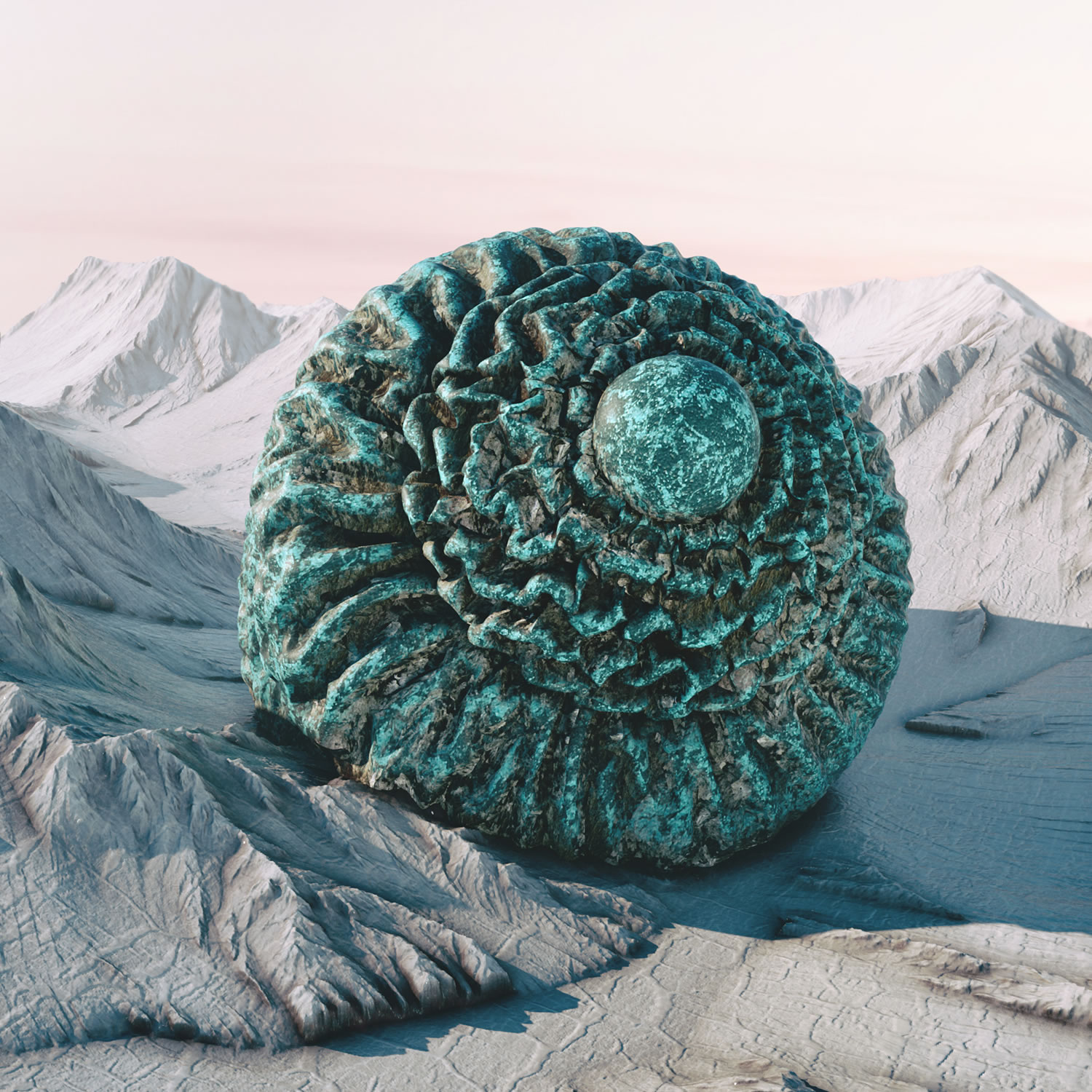 snail shaped ball laying on icy landscape, faunapod