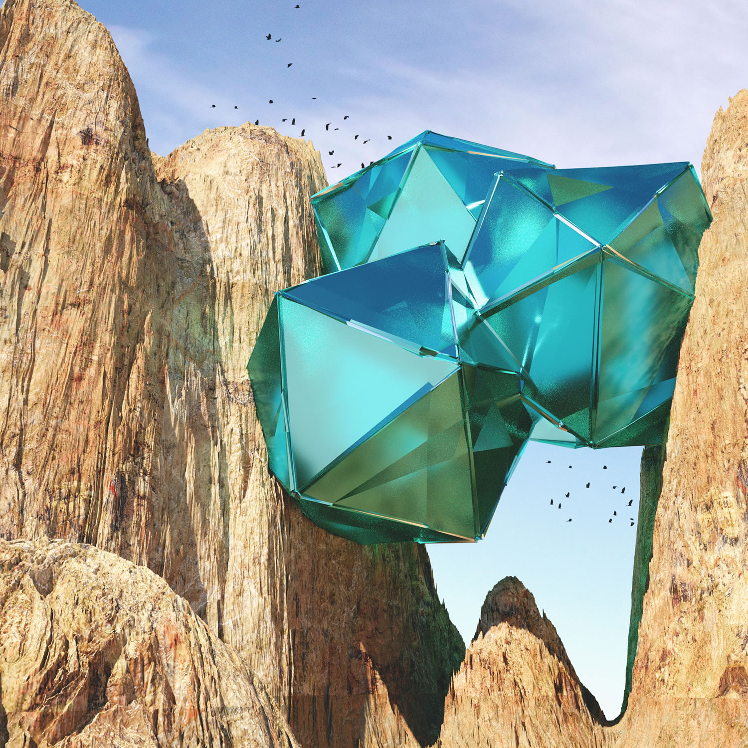 turquoise geometric shapes stuck in rocks, thybony