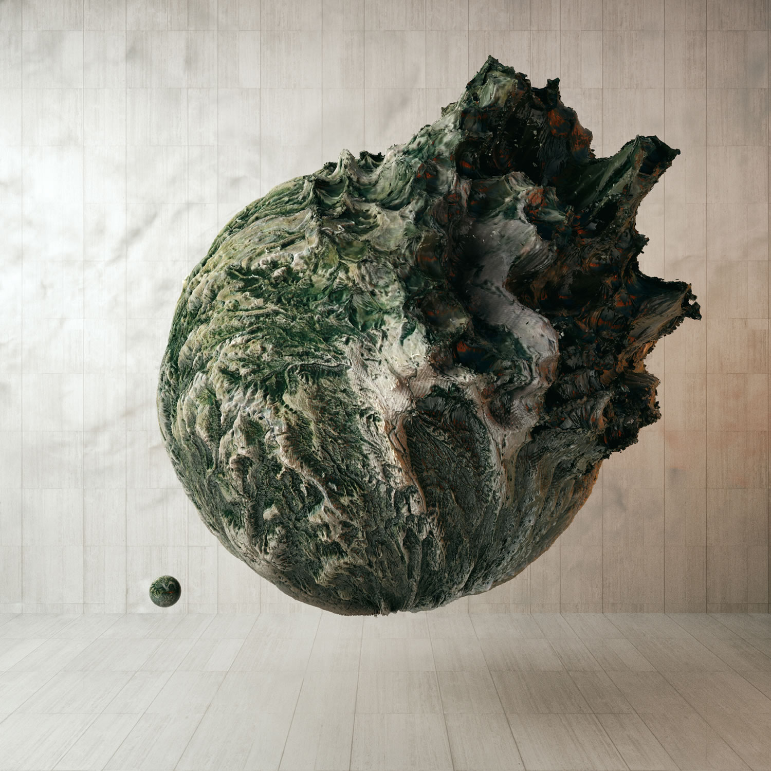 vegetated planet floating on air, outcrop, digital art