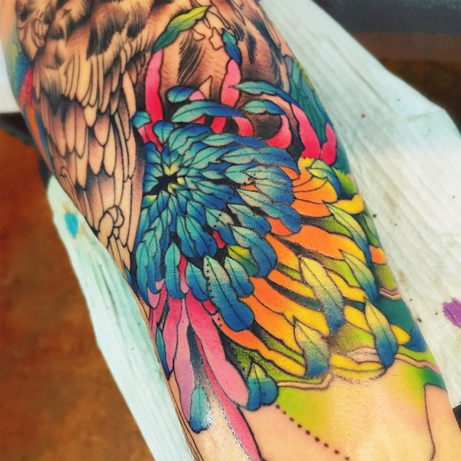 closeup of tattoo, feathers