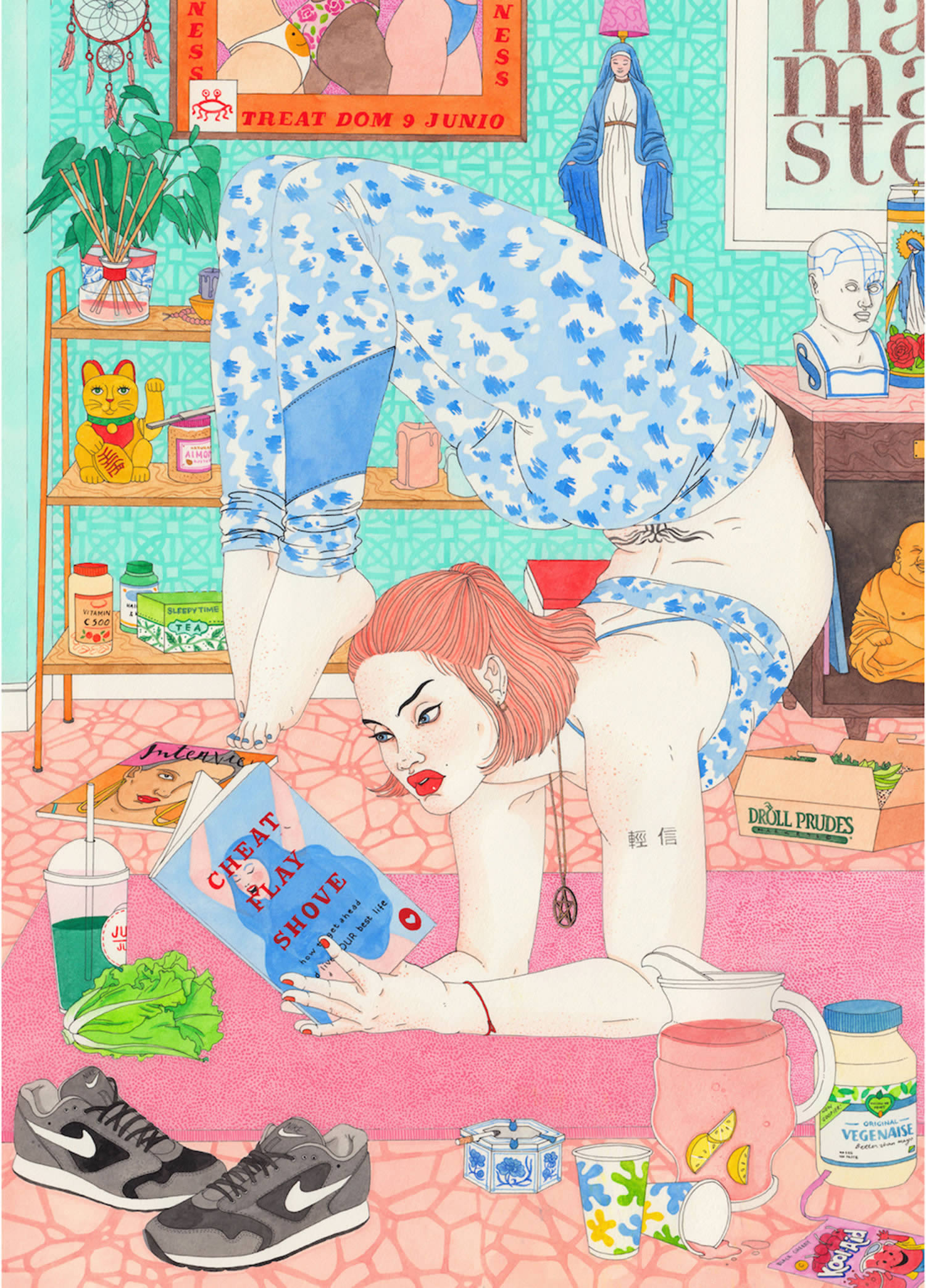 yoga, woman reading and doing yoga, illustration