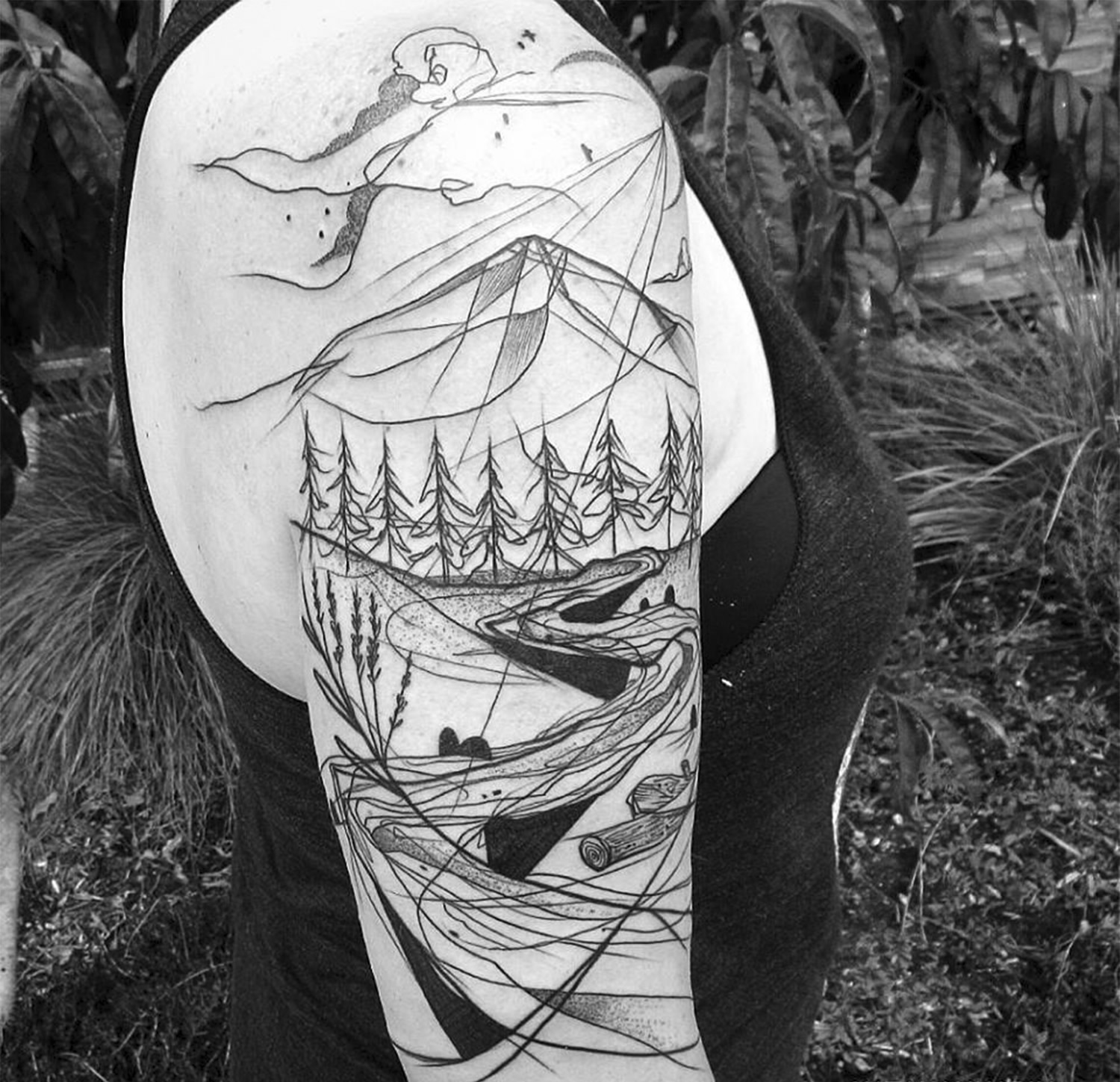 Landscape tattoos with heavy guiding lines by Katakankabin