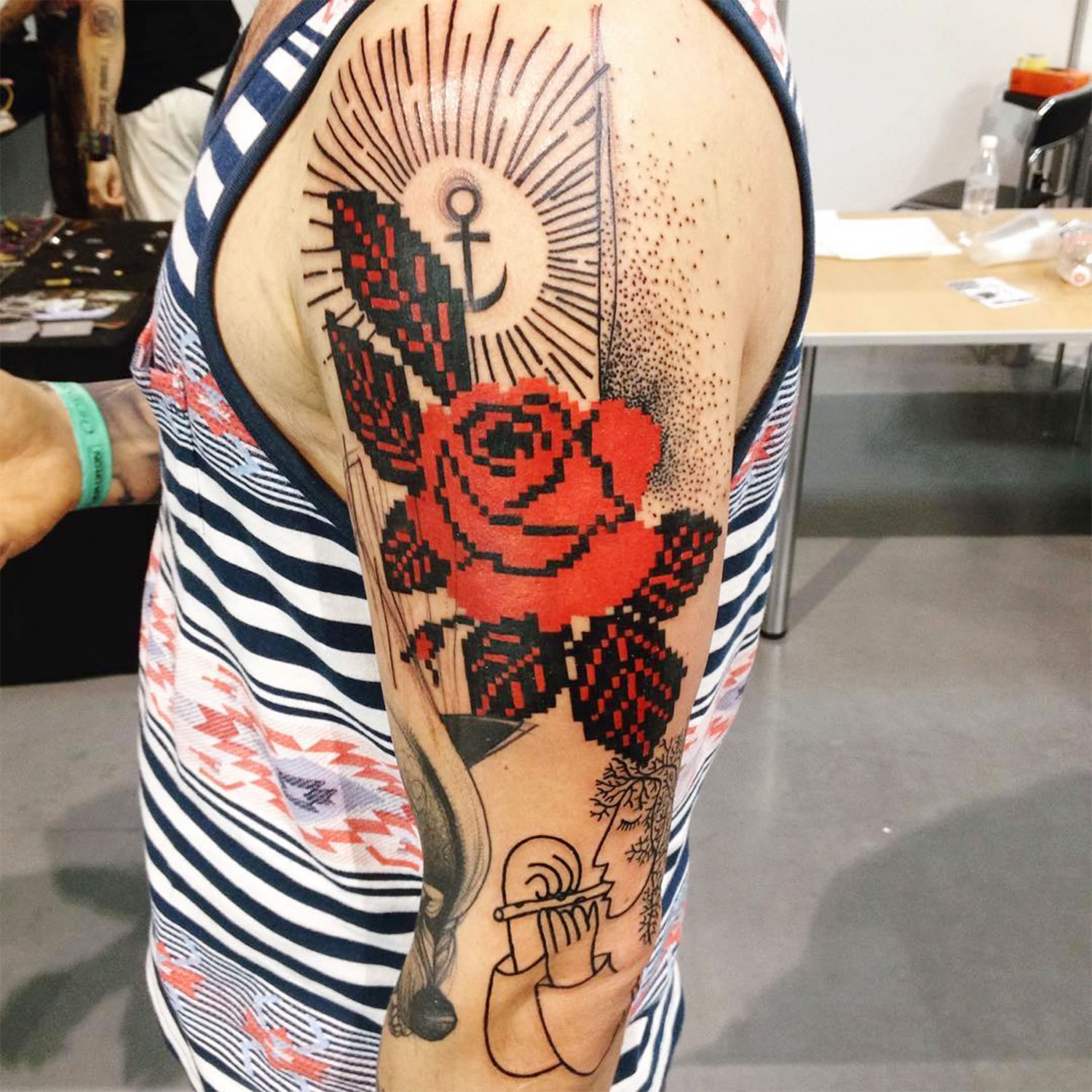 red rose, embroidery style tattoo