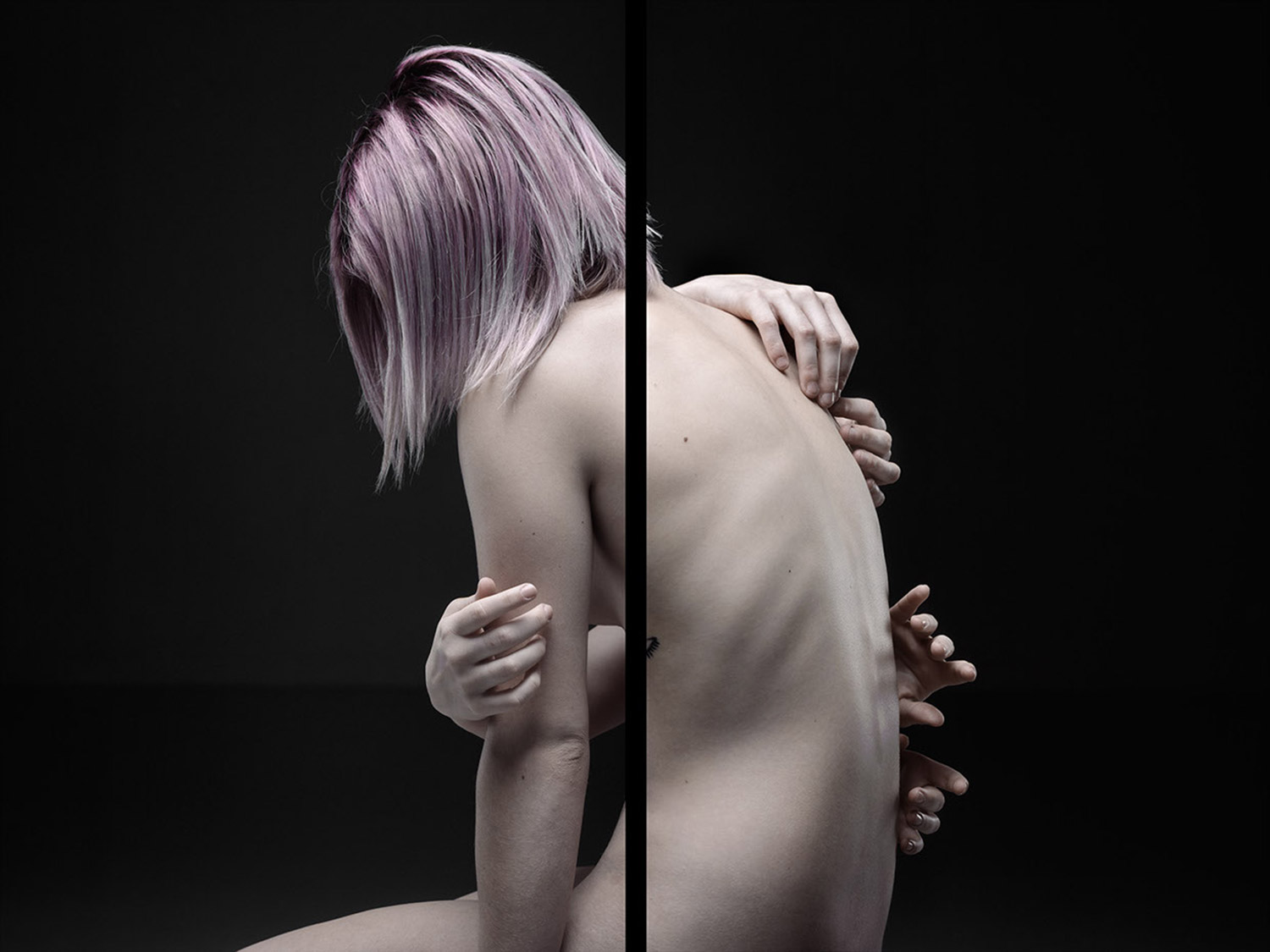 William Farges, Black Line - hands touching woman with purple hair