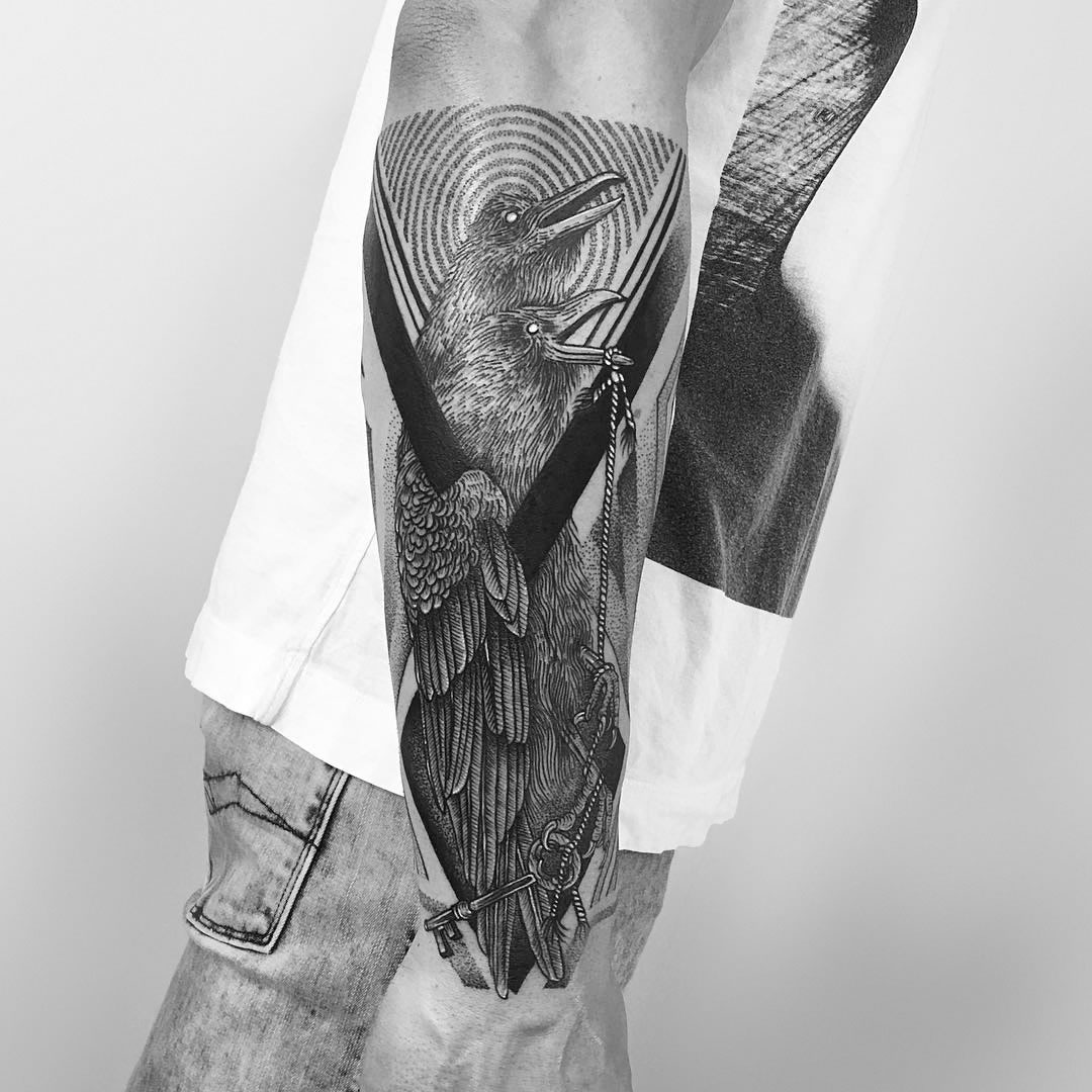 crow tattoo, black ink
