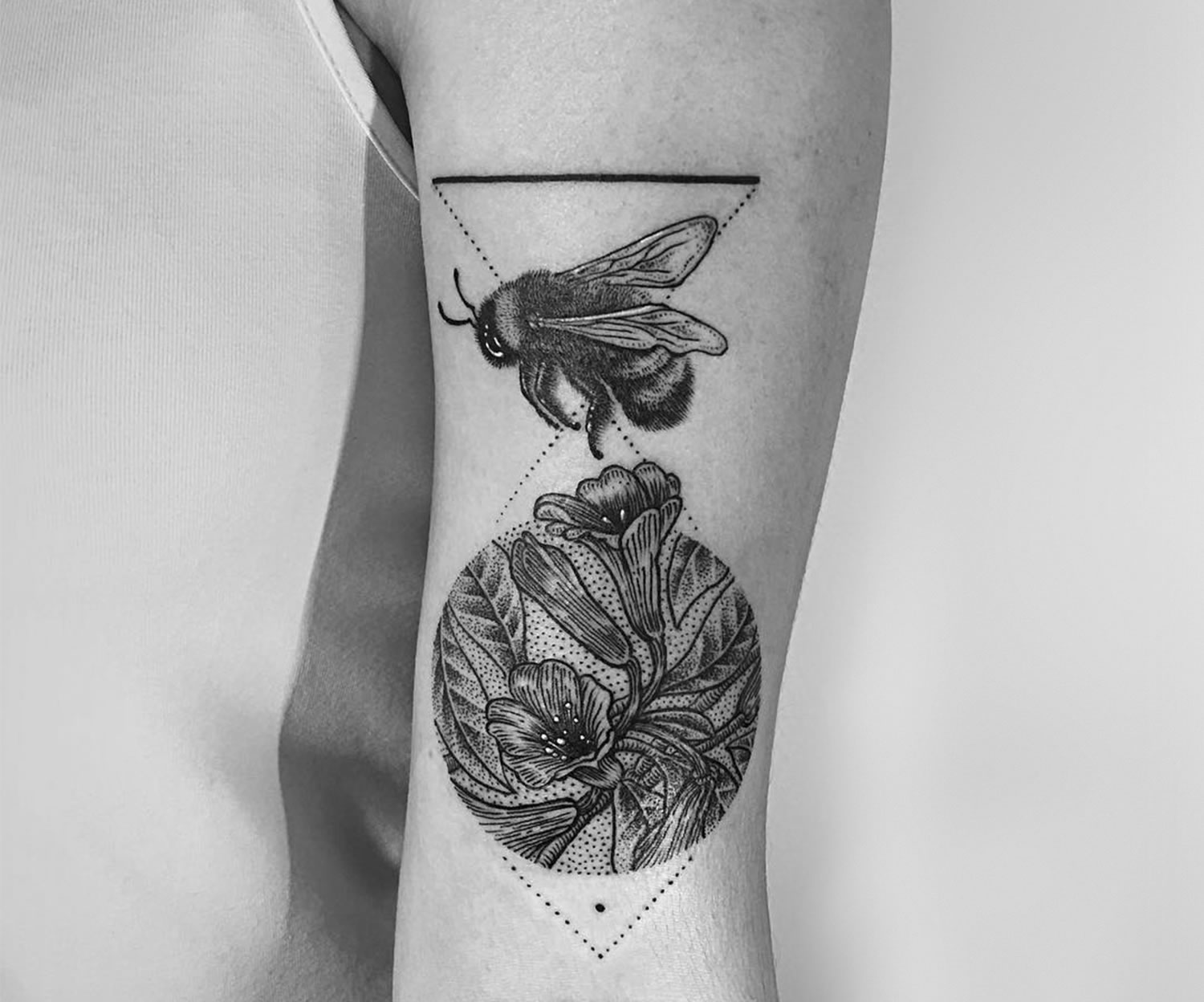 bumblebee and flowers, tattoo on arm