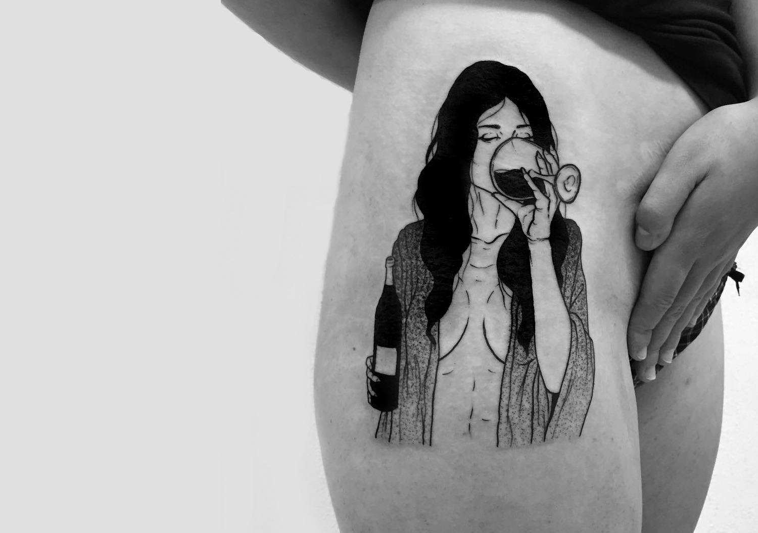 Woman drinking wine tattoo by Sad Amish Tattooer