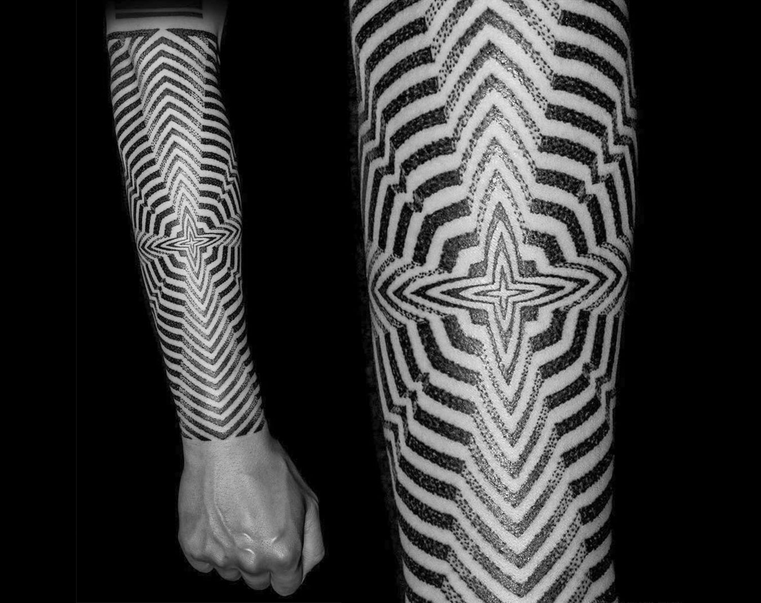 op art tattoo on arm, black ink by lewis ink