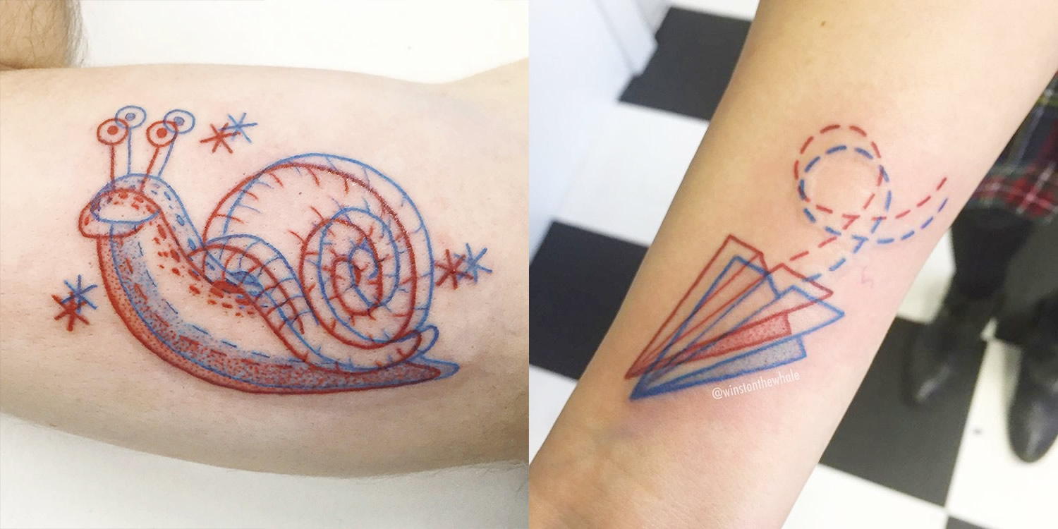 snail and paper plane, motion tattoos by dave winston the whale