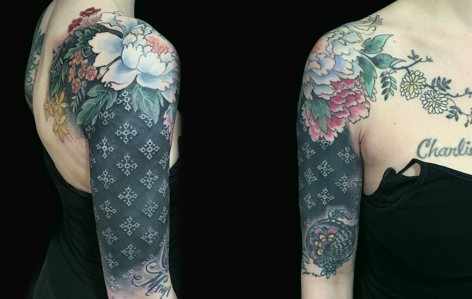 flowers on shoulder, white on black ink tattoo