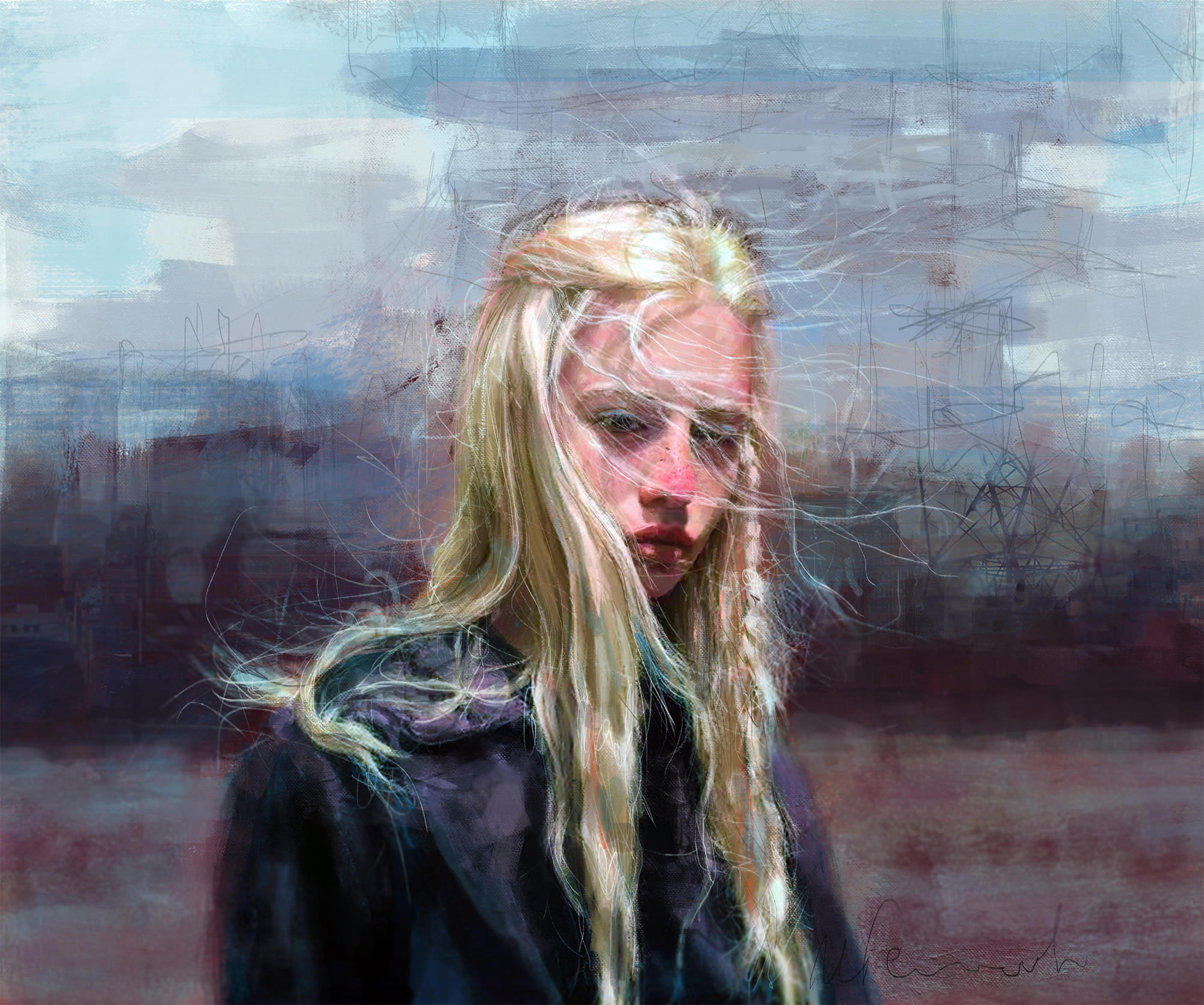 girl in the wind, red nose, digital painting