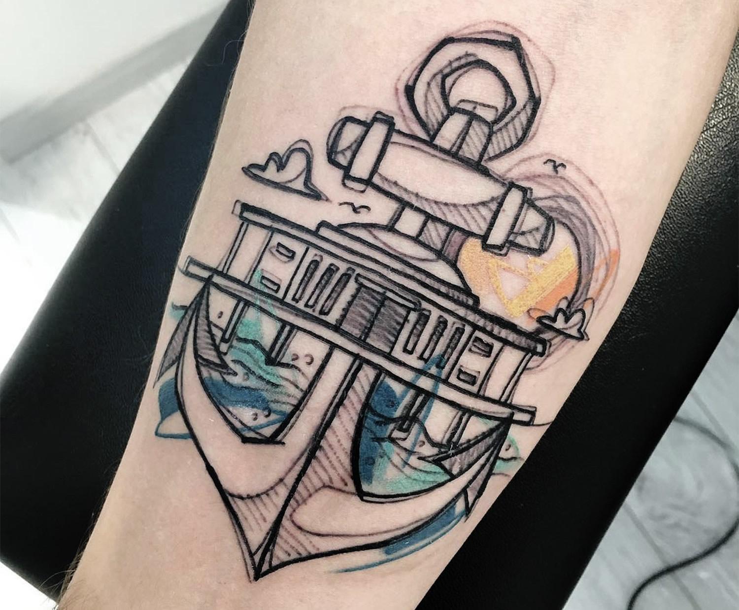 anchor, sketch style tattoo