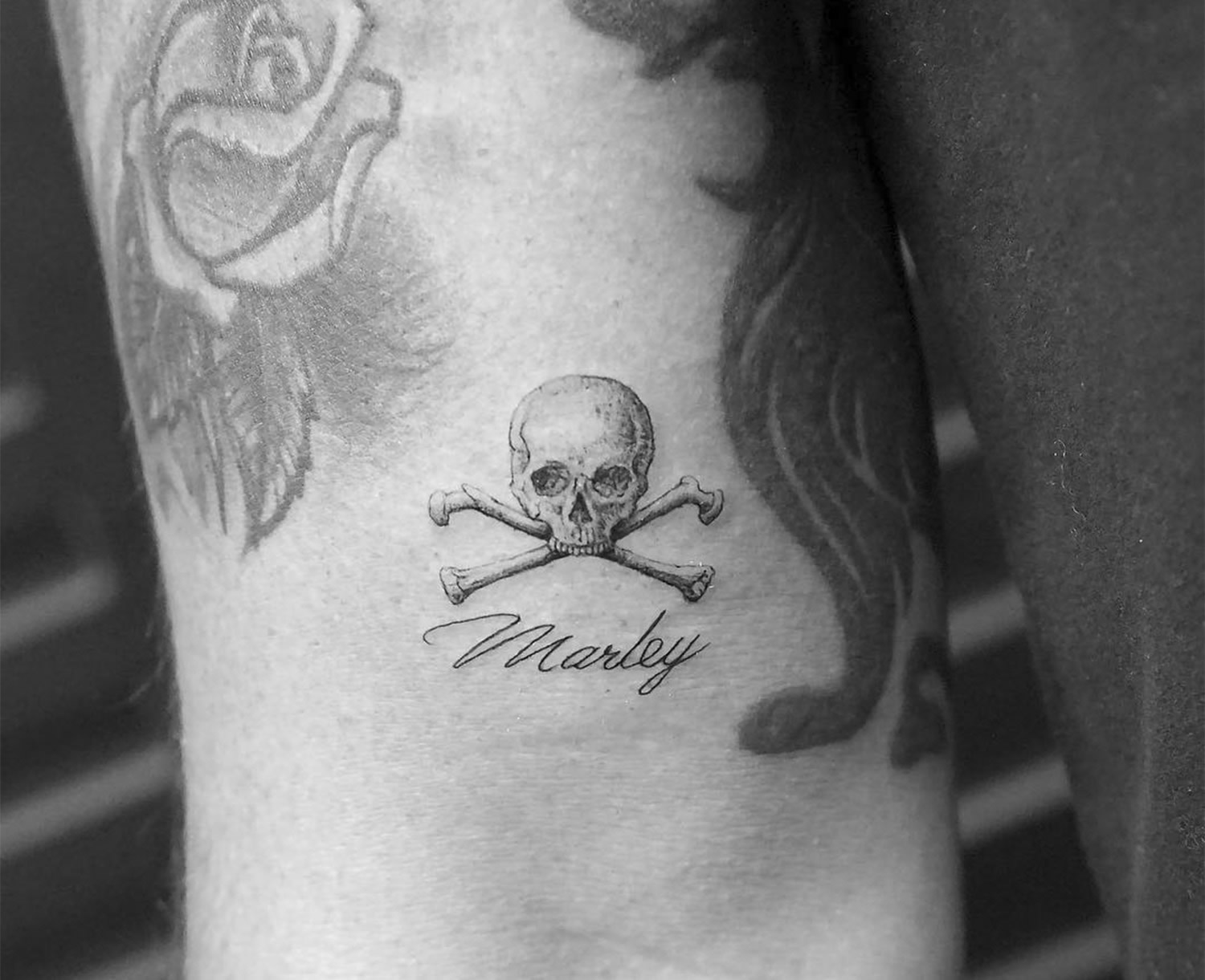 RIP tattoo, crossbones, name marley by mr k