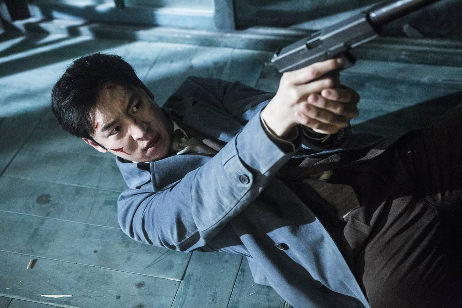 action-packed scene, man with gun, Phantom Detective