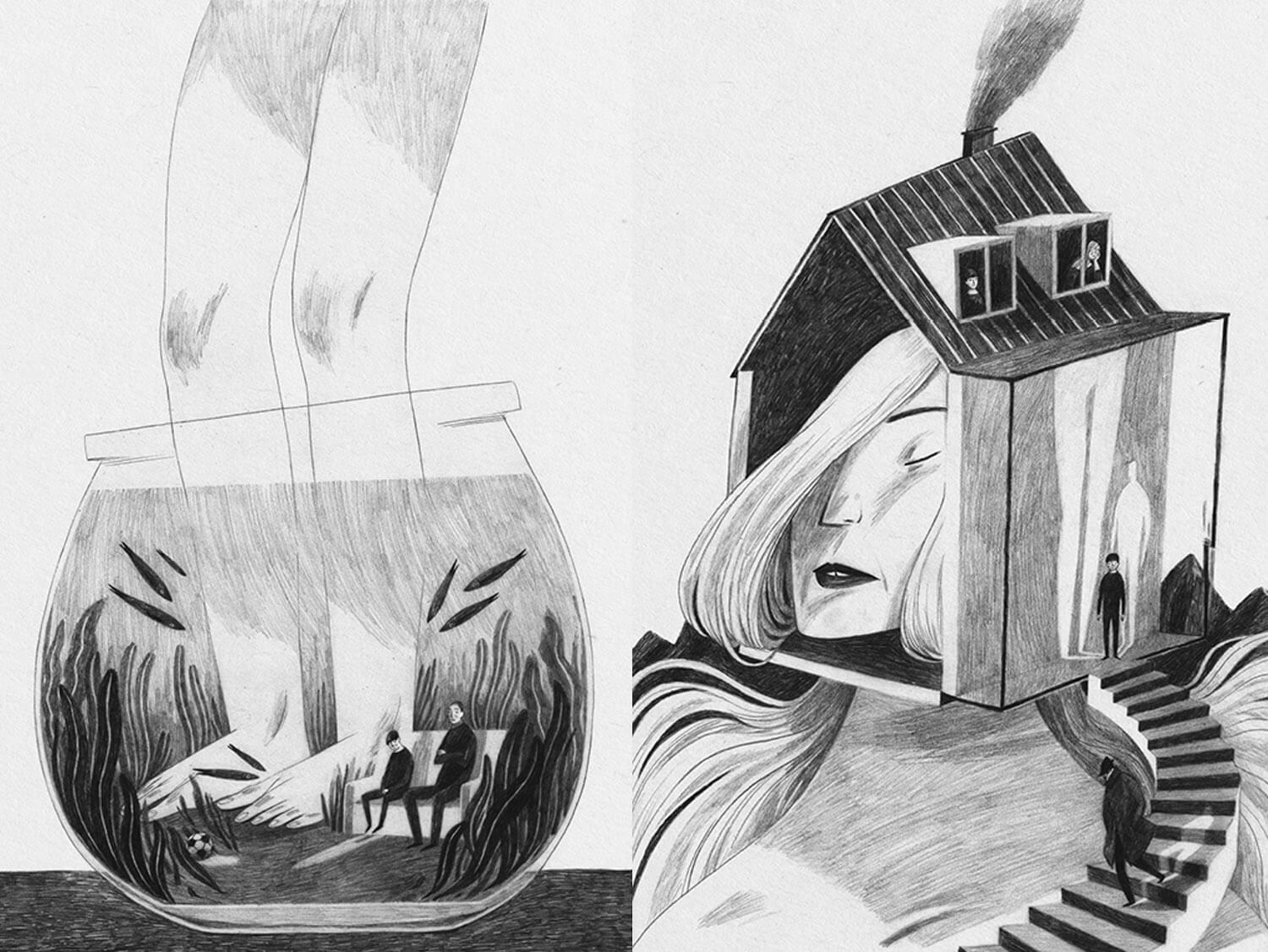 surreal pencil drawings of figures in house and fishbowl