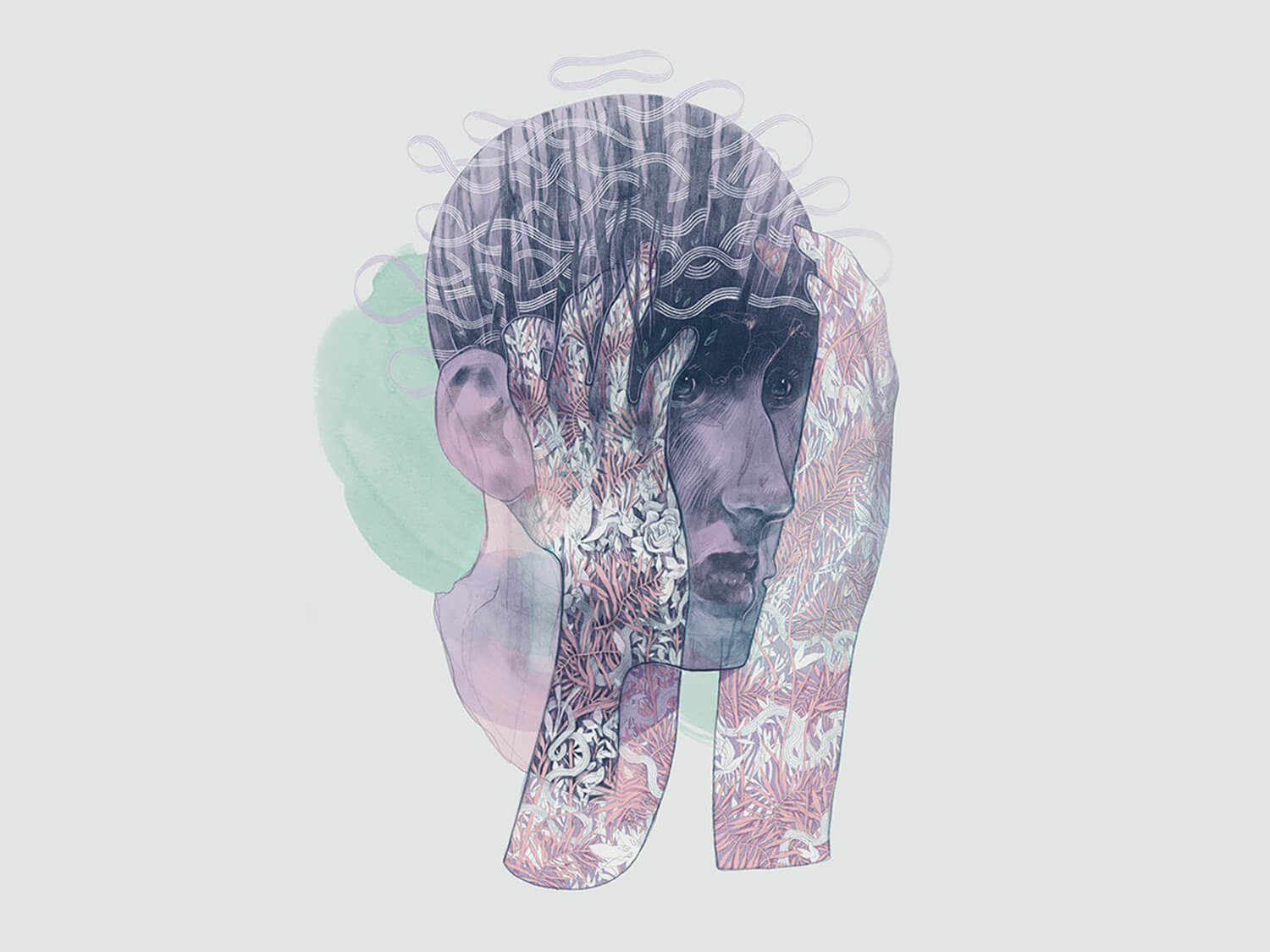 double exposure-style illustration of portrait and landscape