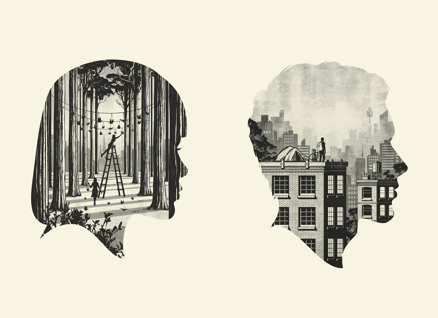 two silhouette portraits with landscapes in negative space