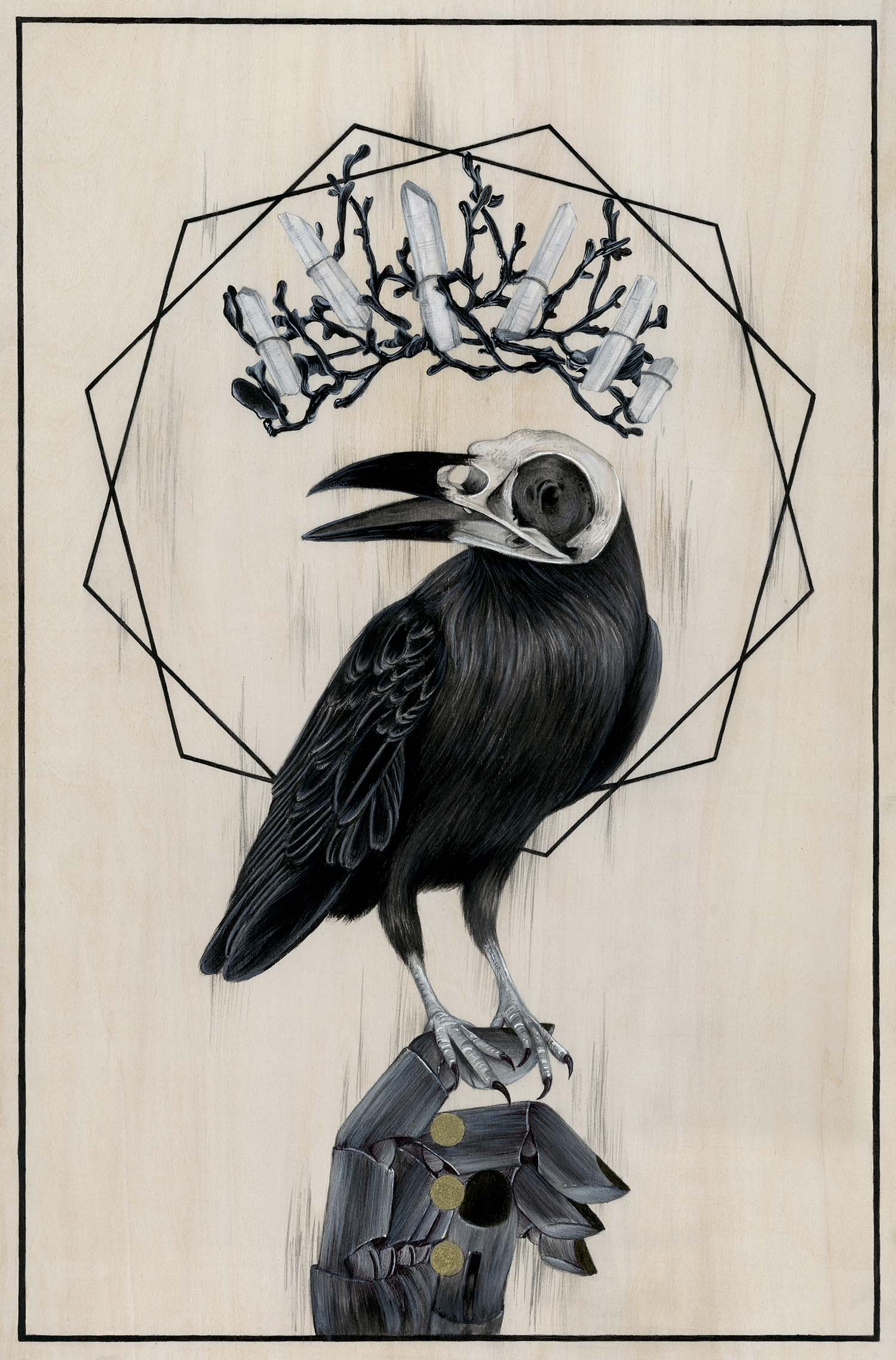 black and white occult painting of a bird