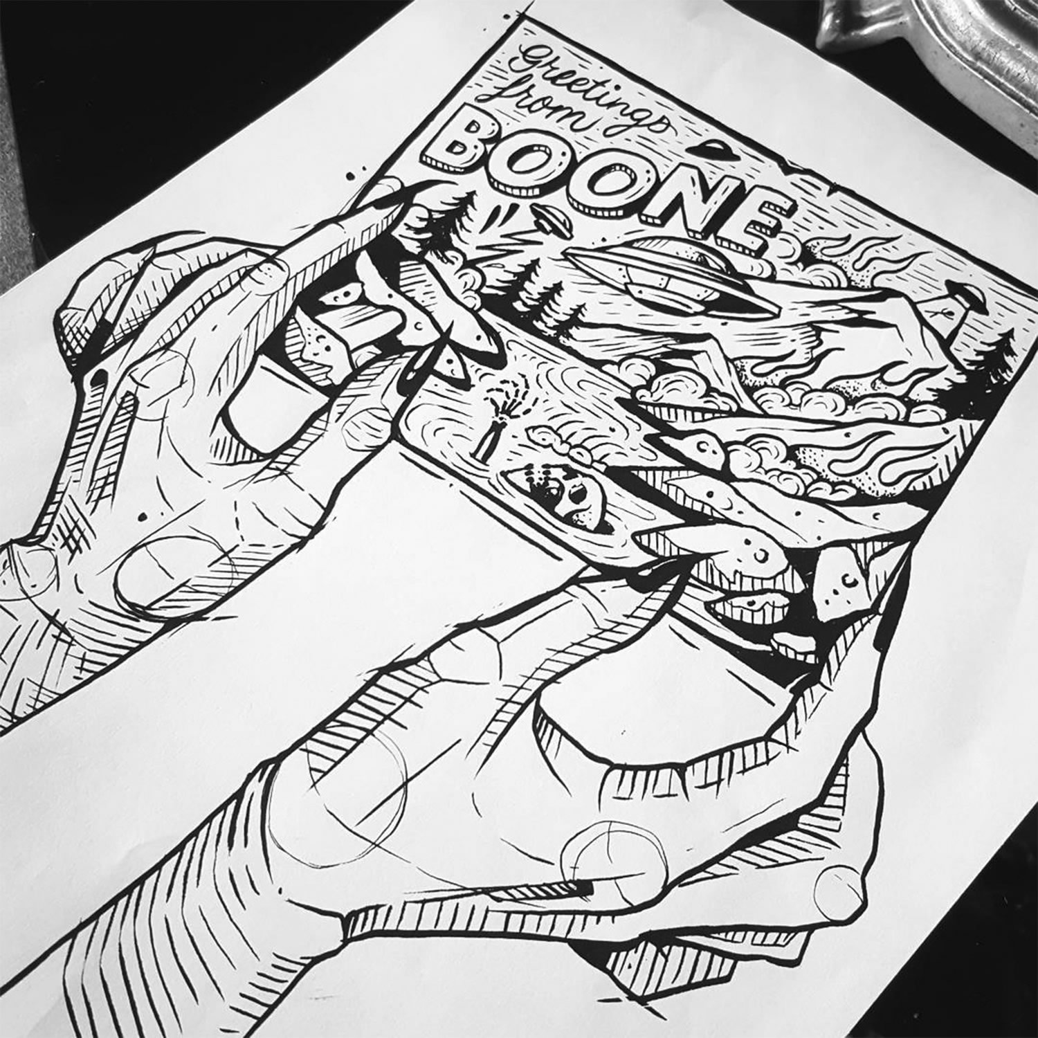 hands, drawing in black and white, comic style