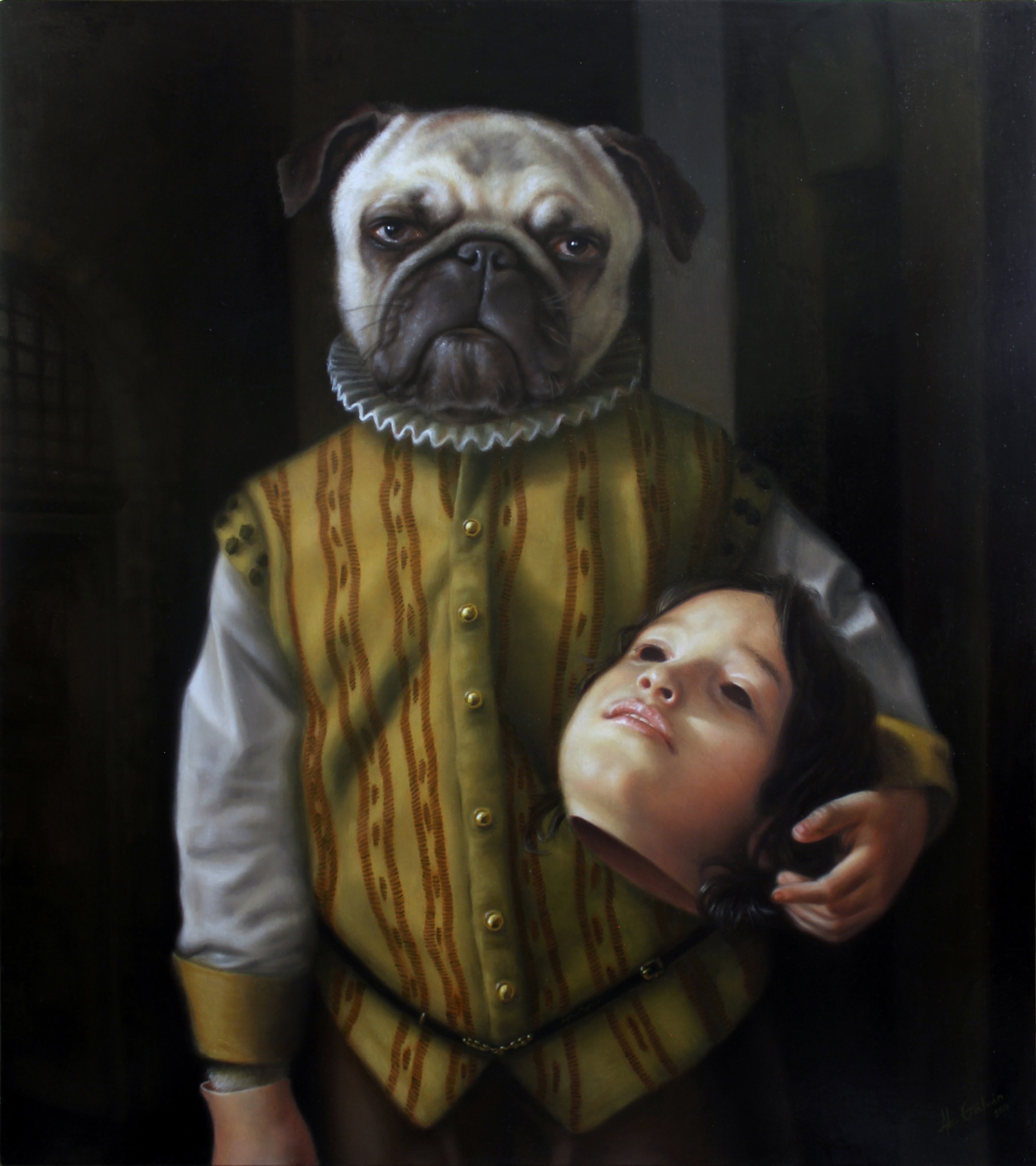 Jose Luis Lopez Galvan - regal pug with child's head mask