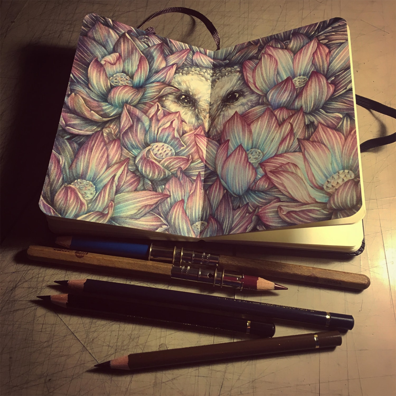 flowers and an owl drawing on moleskine