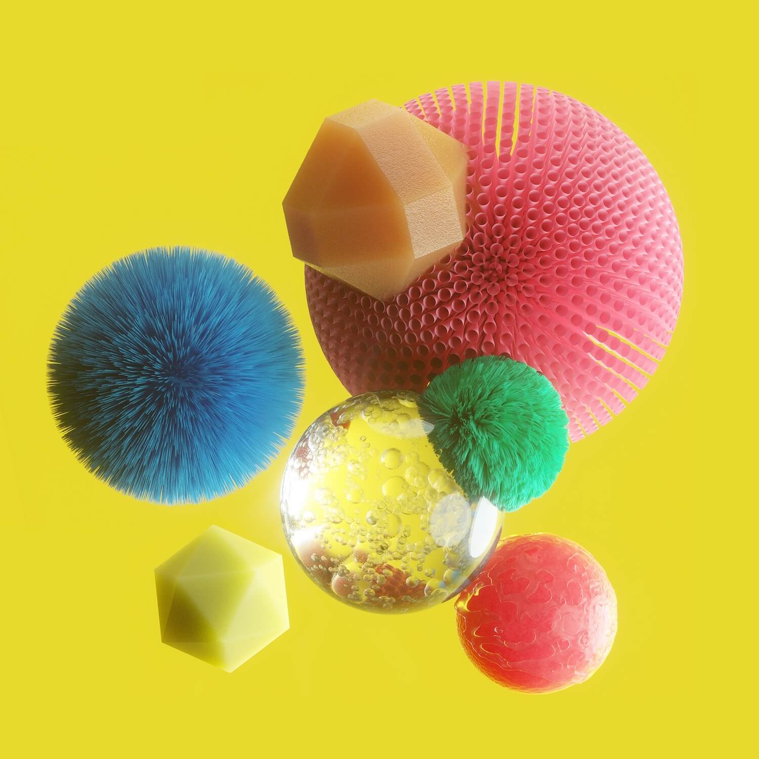 different textured balls floating on a yellow background