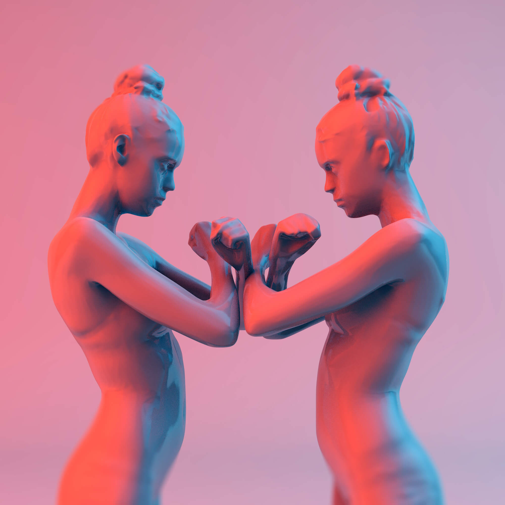 two identical women staring at each other
