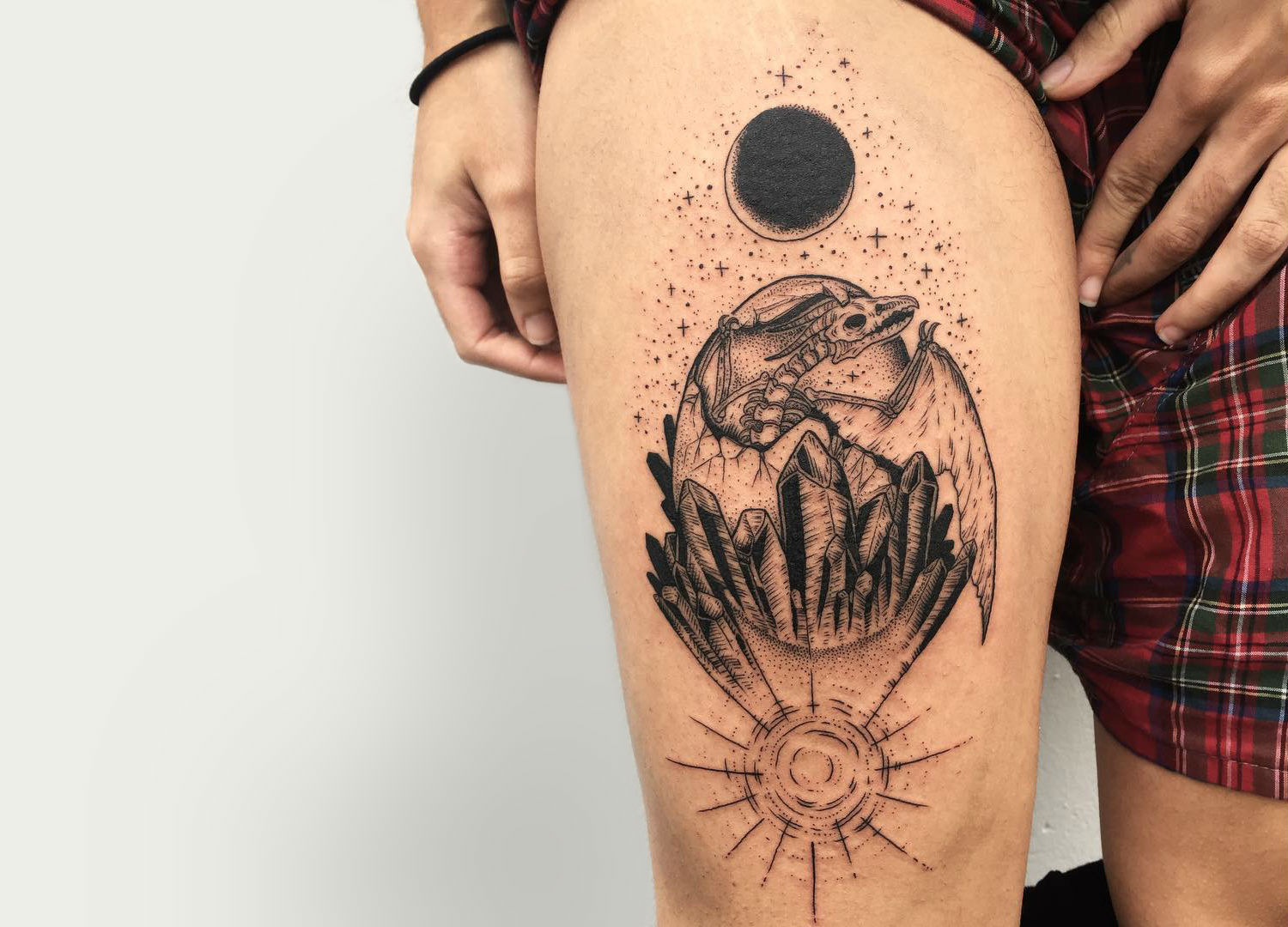 Dragon skeleton engraving tattoo by Portland artist A Junko Osaki