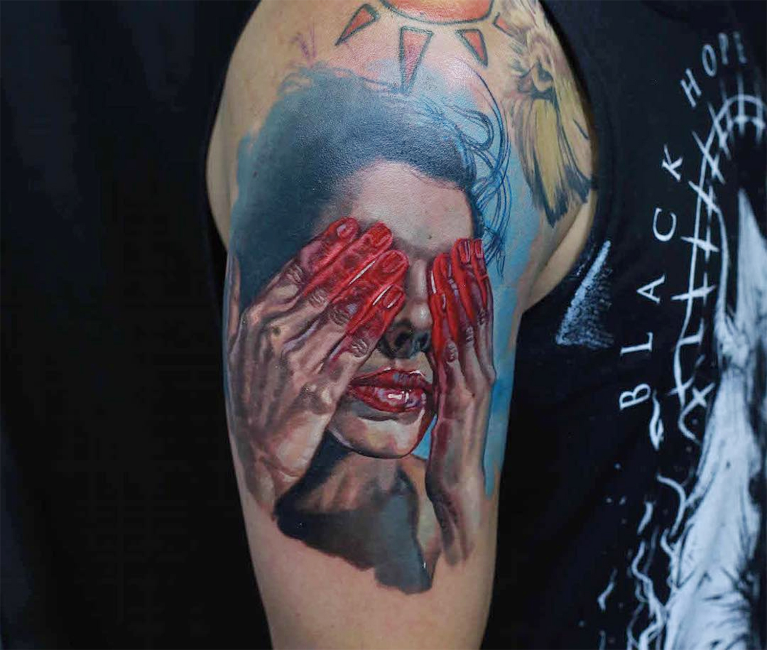 woman with red hands, portrait tattoo by denis sivak