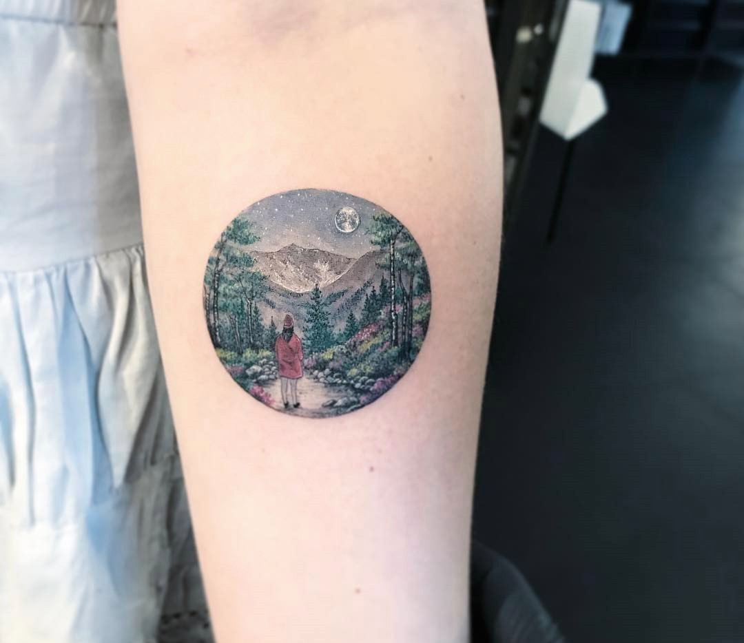 landscape scene, circle tattoo by eva krbdk