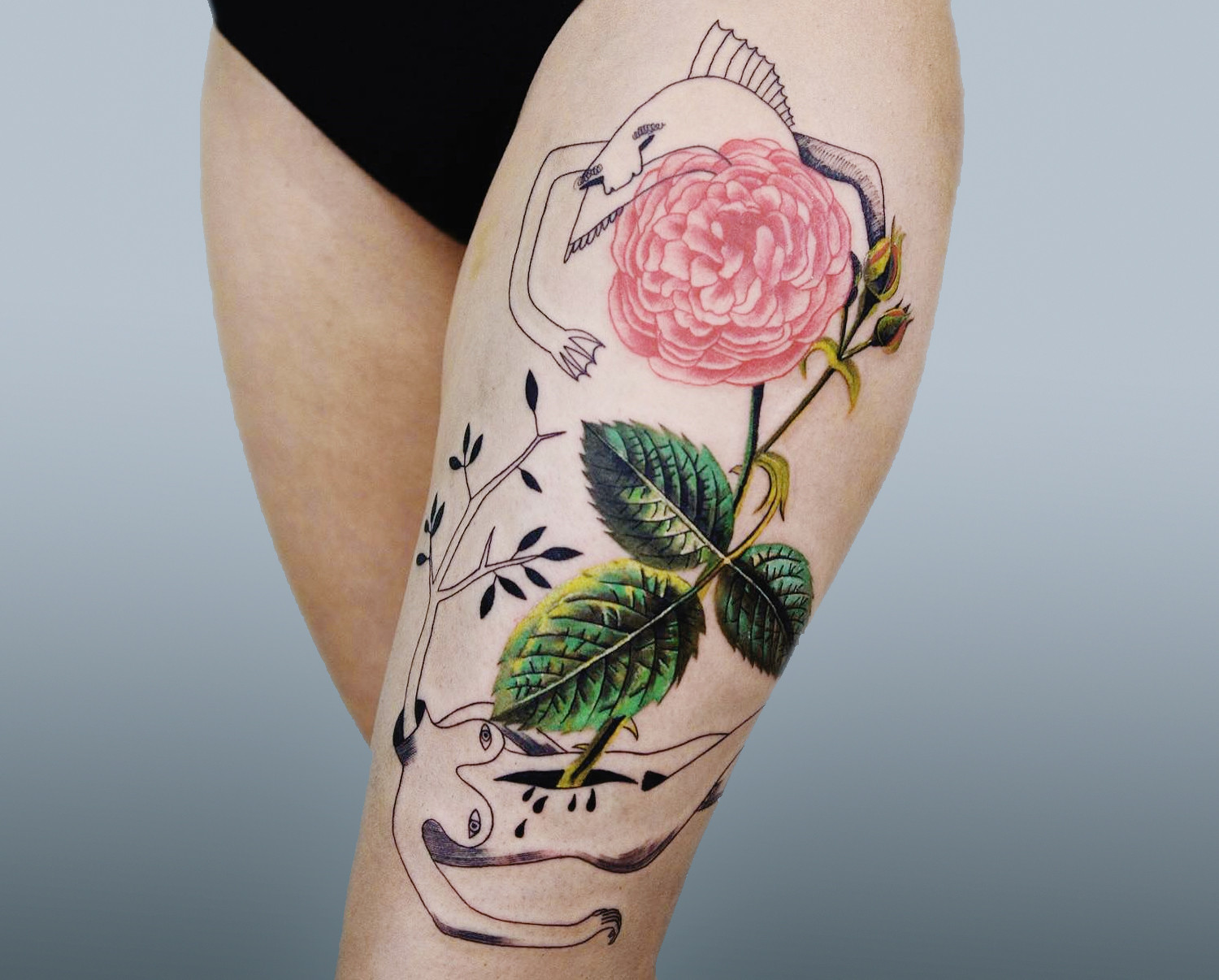 realistic rose tattoo fused with line drawings