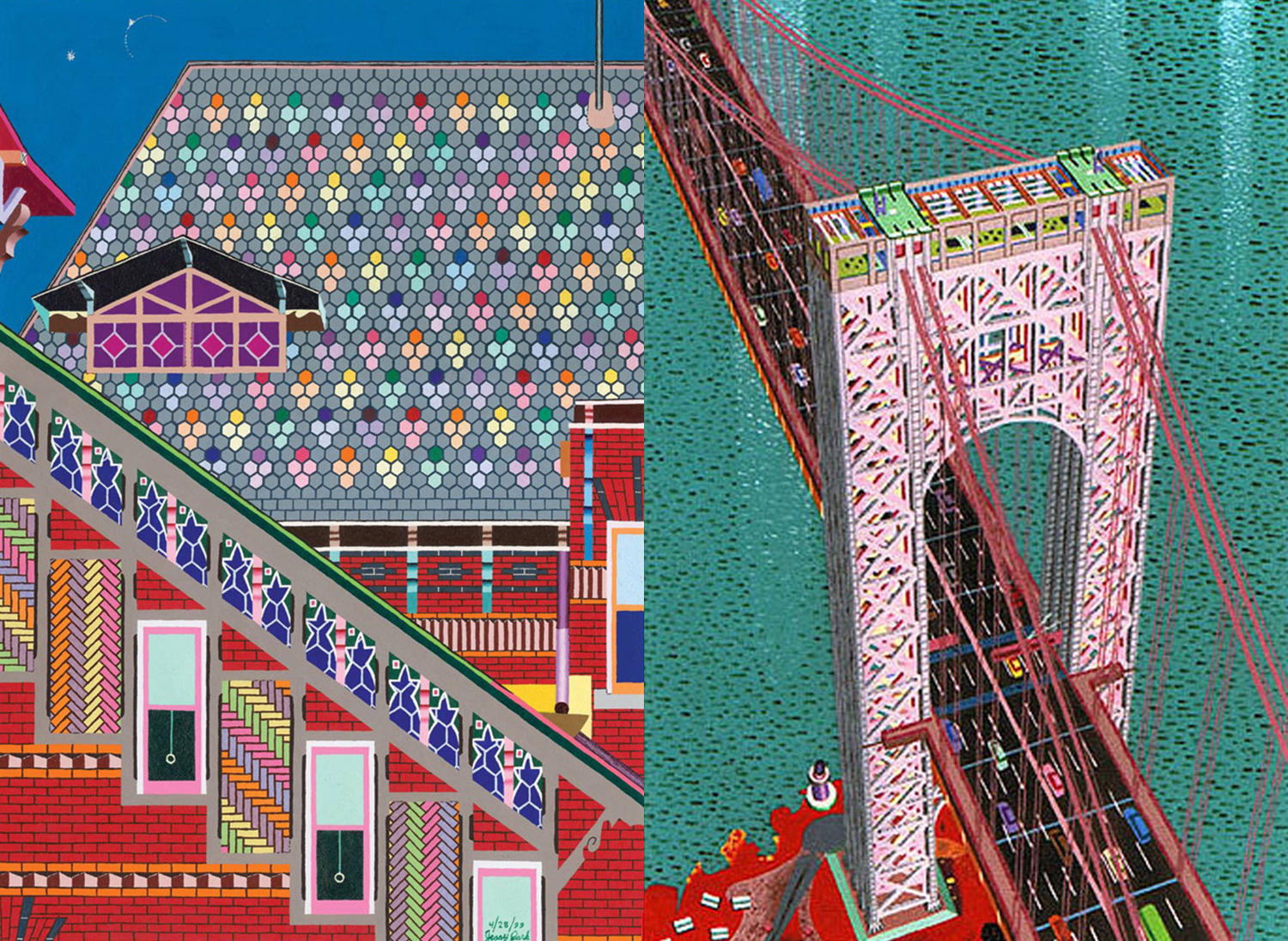 colorful house and ny bridge, art by jessica park, autism