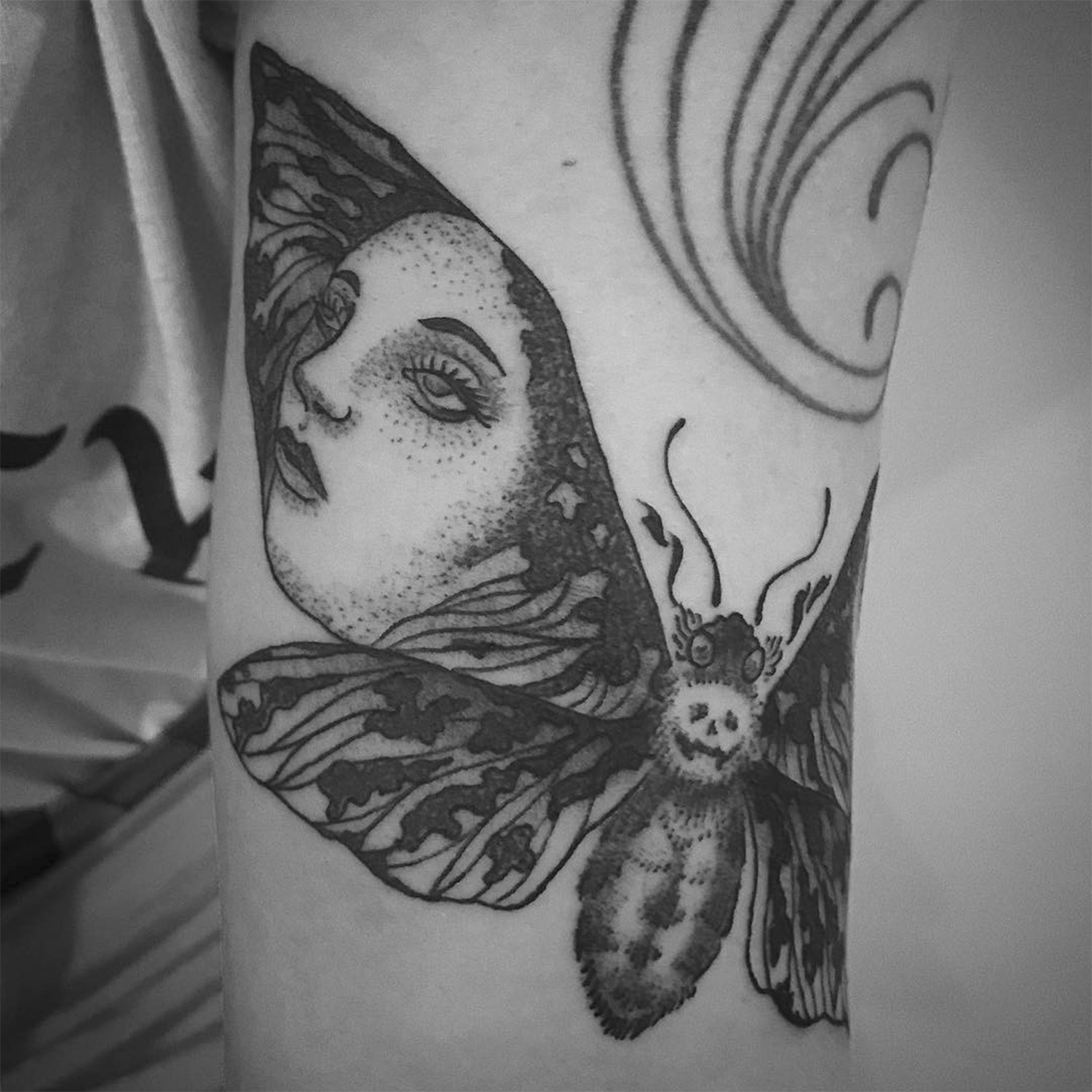 vintage style tattoo, moth and girl, by Marcus Filiputti