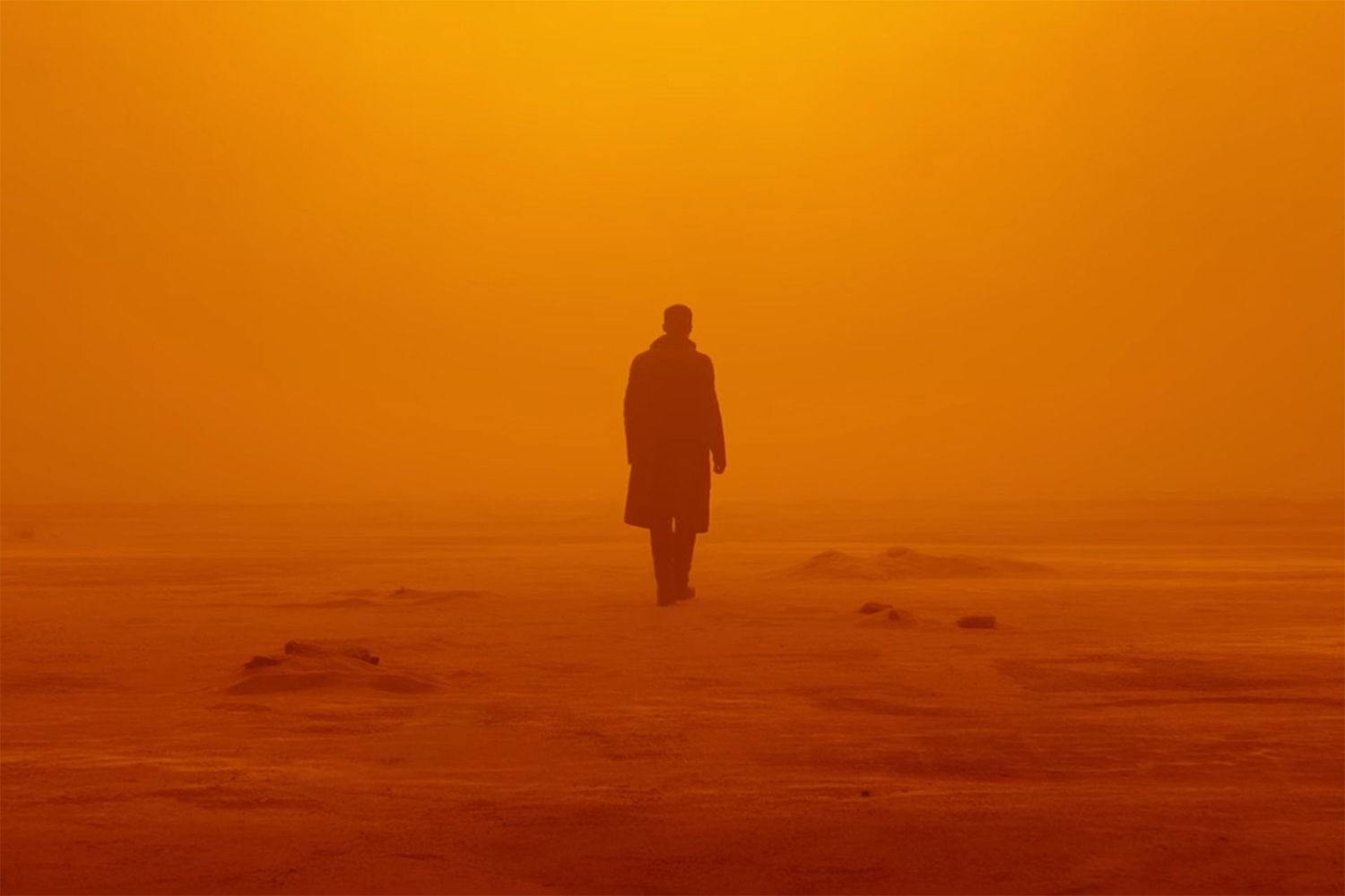 red sky and land, silhouette of man, Blade Runner 2049