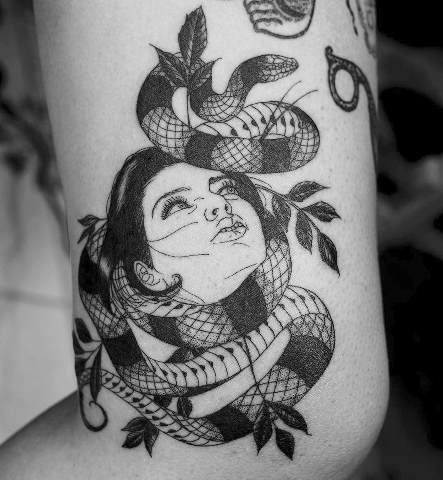 girl and snake, tattoo by oozy