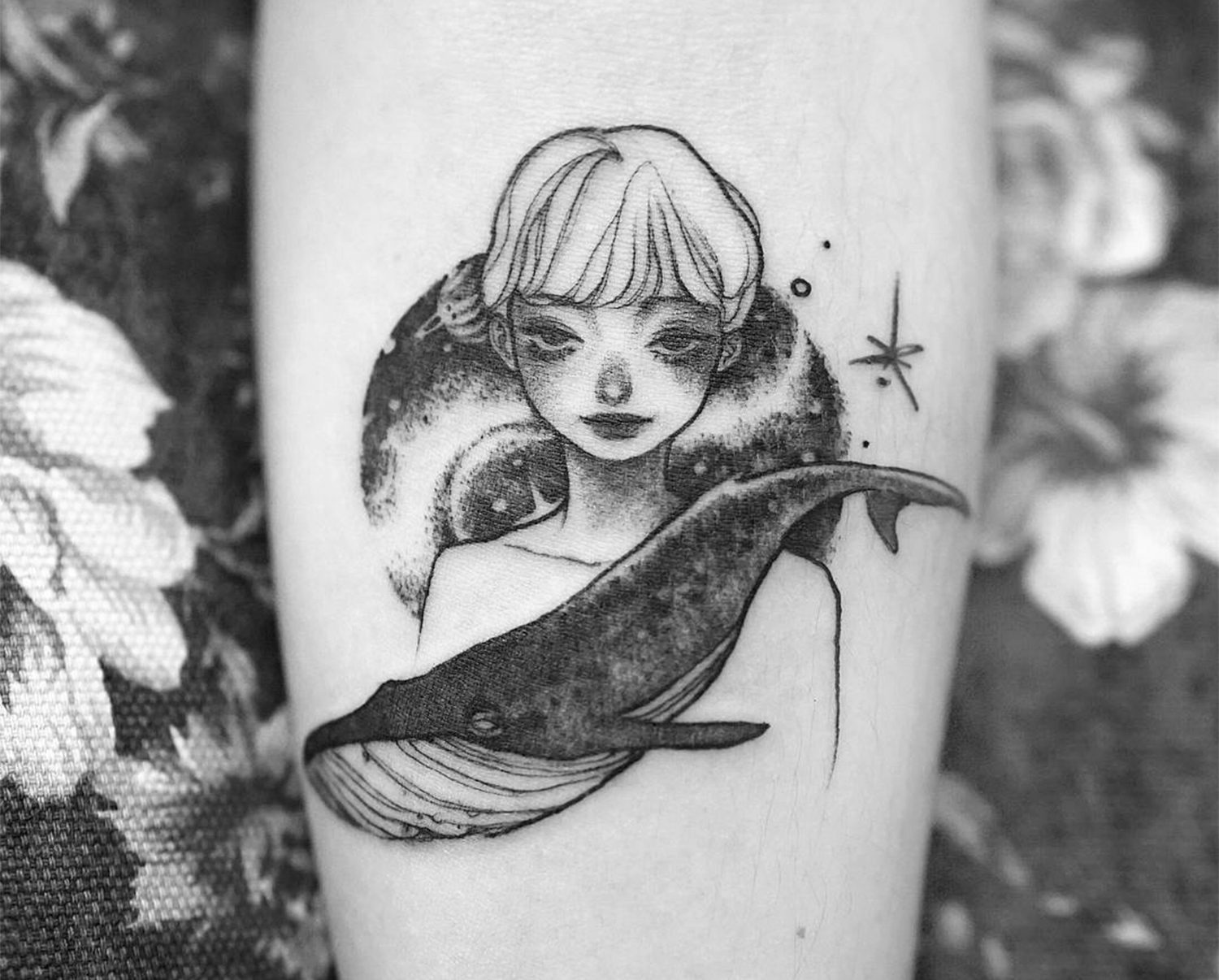 galaxy and whale, tattoo by zihae