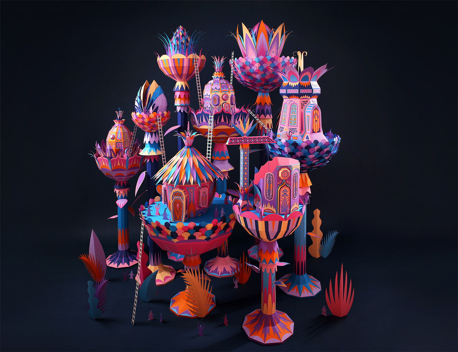 forest folks, pink, paper art by zim and zou