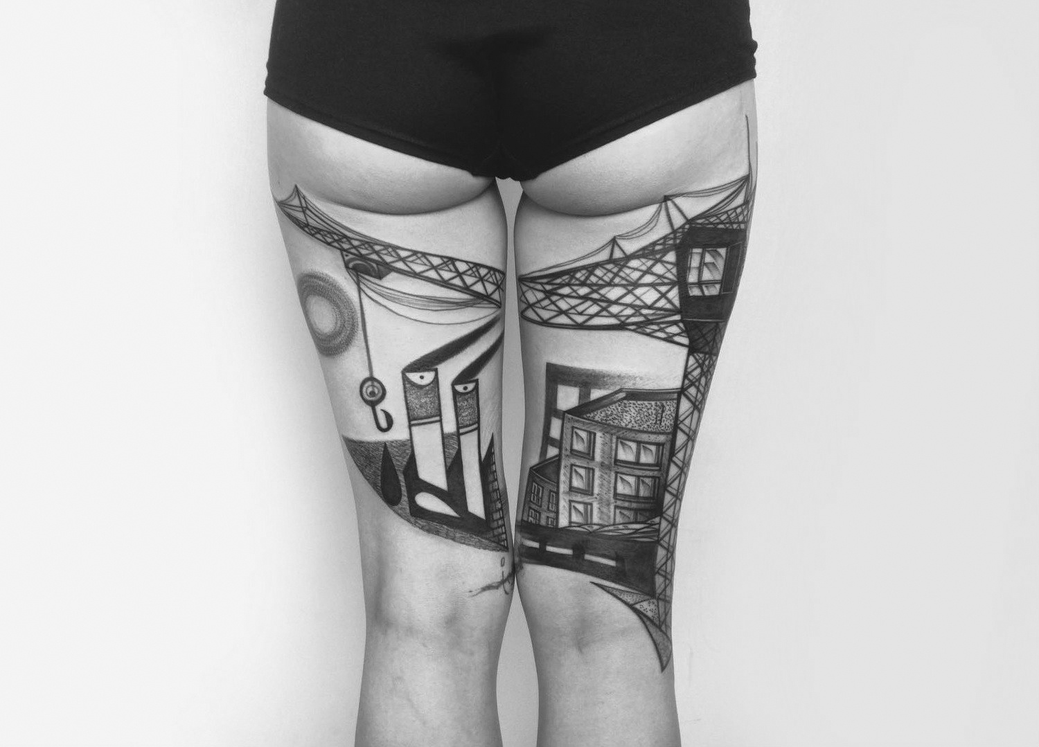 ndustrial architecture thigh tattoos by Peter Aurisch