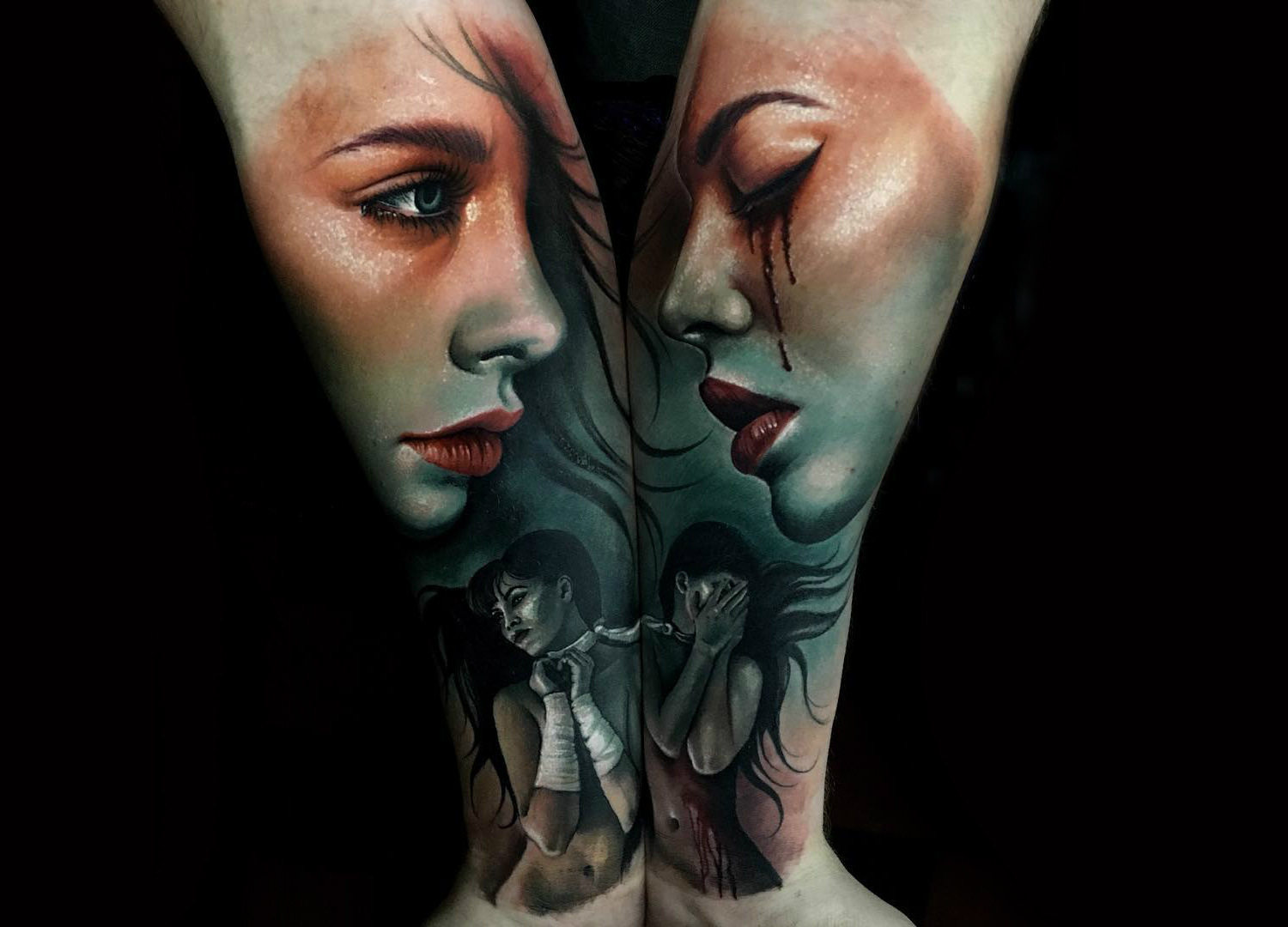 Double portrait tattoos by Sam Barber