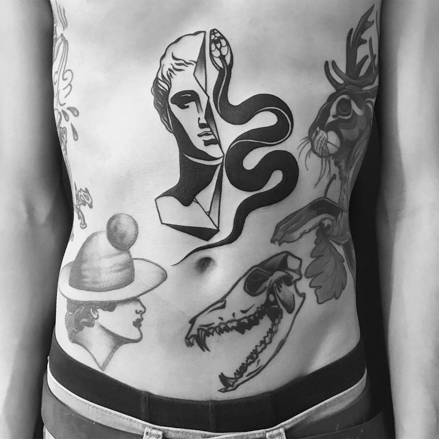 female figure and snake, on body