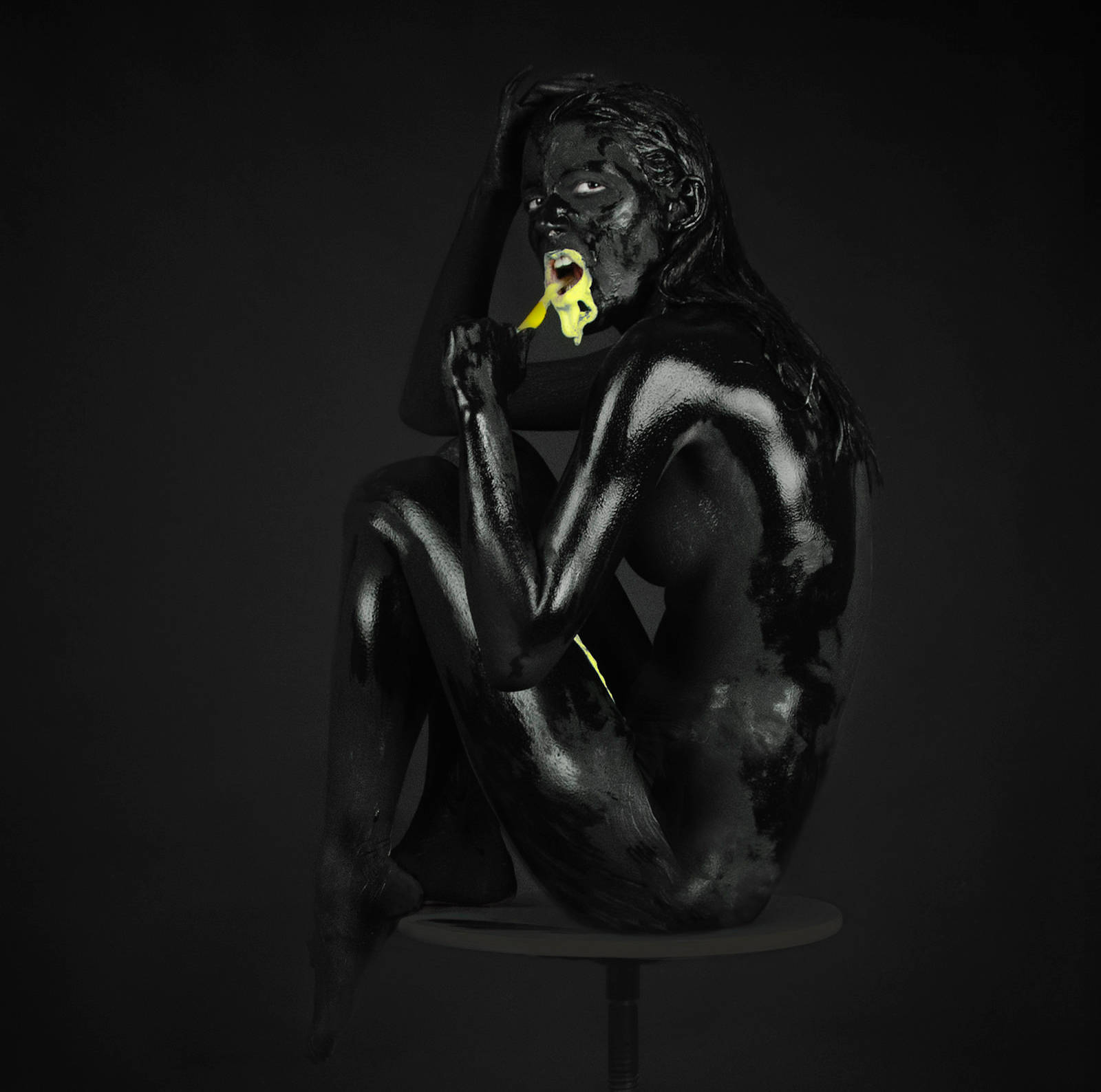 full body painting in black ink with yellow mouth, by Chiara Lombardi