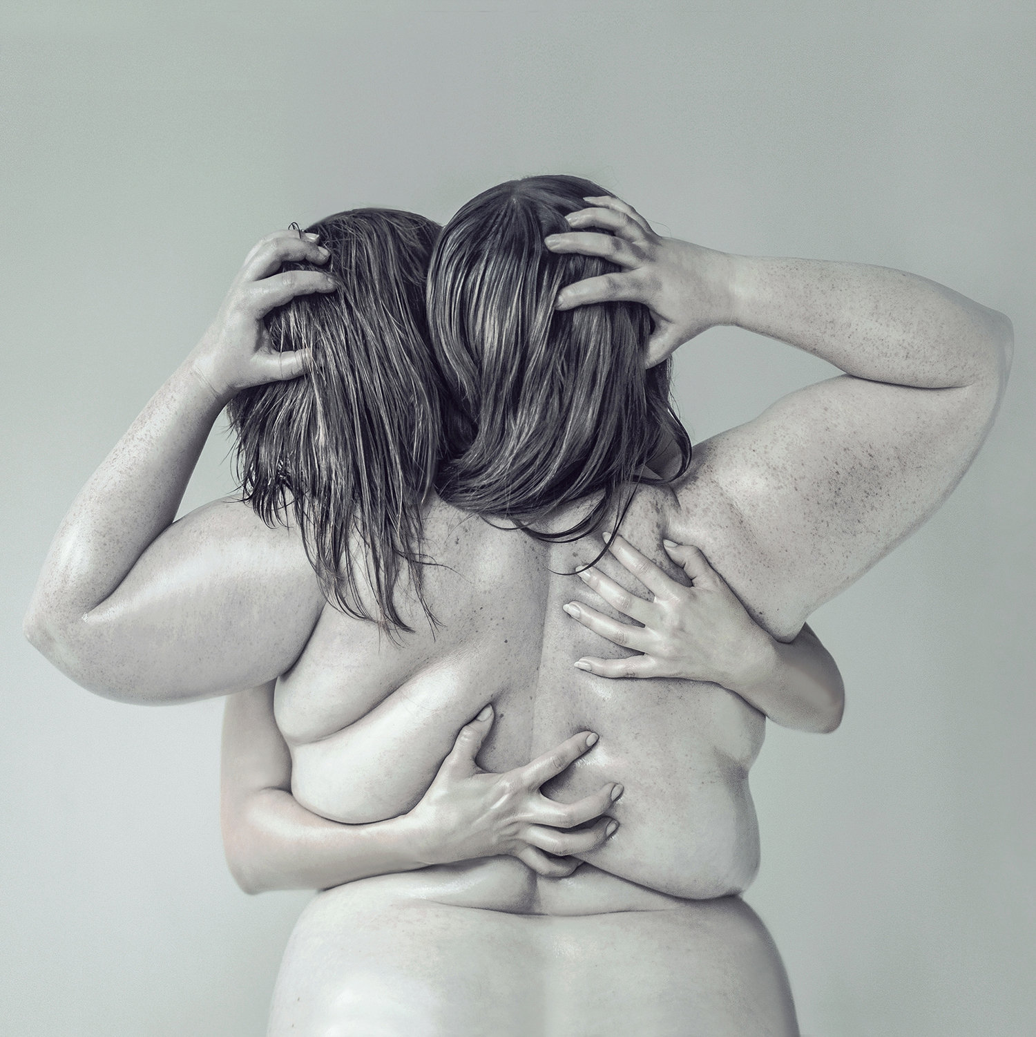 plus sized women hugging and grabbing hair, by evelyn bencicova, close series