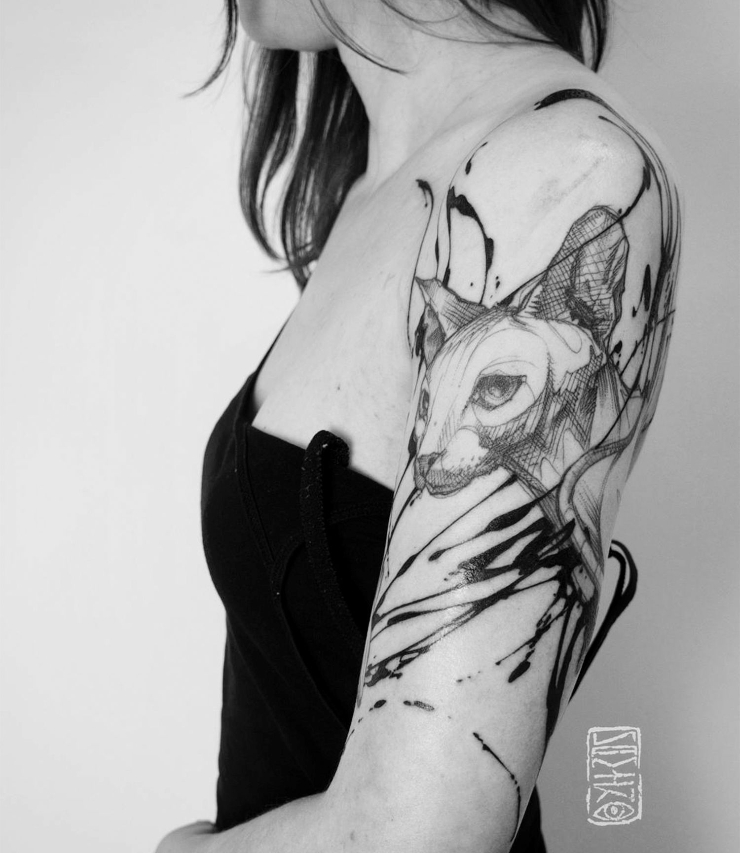 cat tattoo on sleeve by namiko_moth22