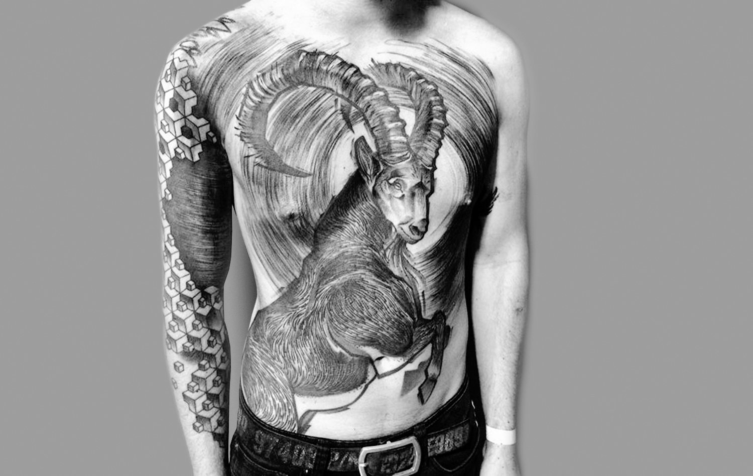 goat tattoo on chest, by Mark Halbstark